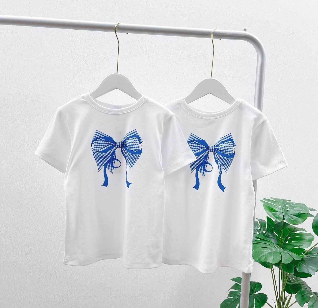 Ronron DOUBLE RIBBON SLIM CROP T SHIRT WHITE BLUE