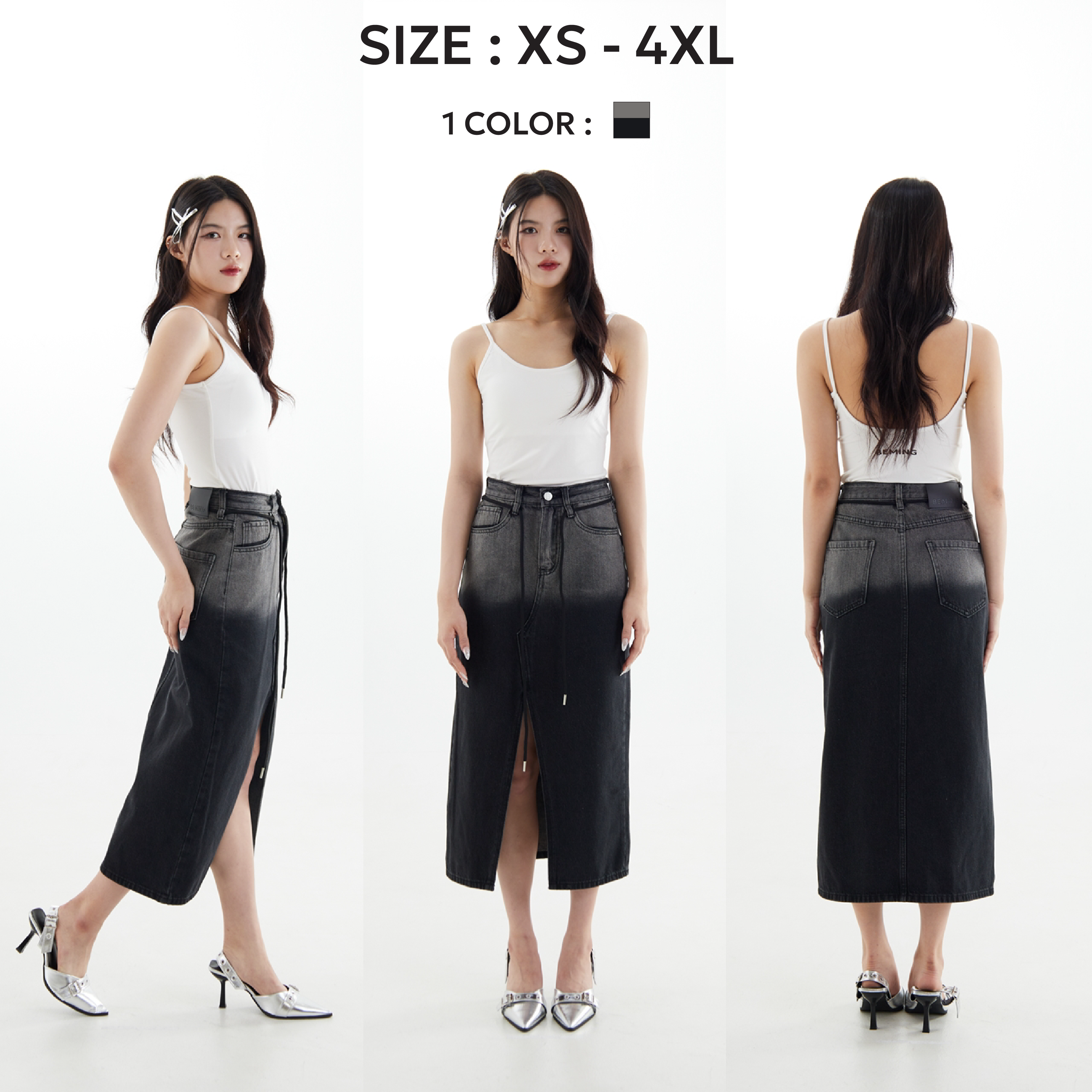 Bemingjean014(XS-4XL) - Wisdom jeans กระโปรงยีนส์ผ่าหน้า มาพร้อมเชือกผูกเอว