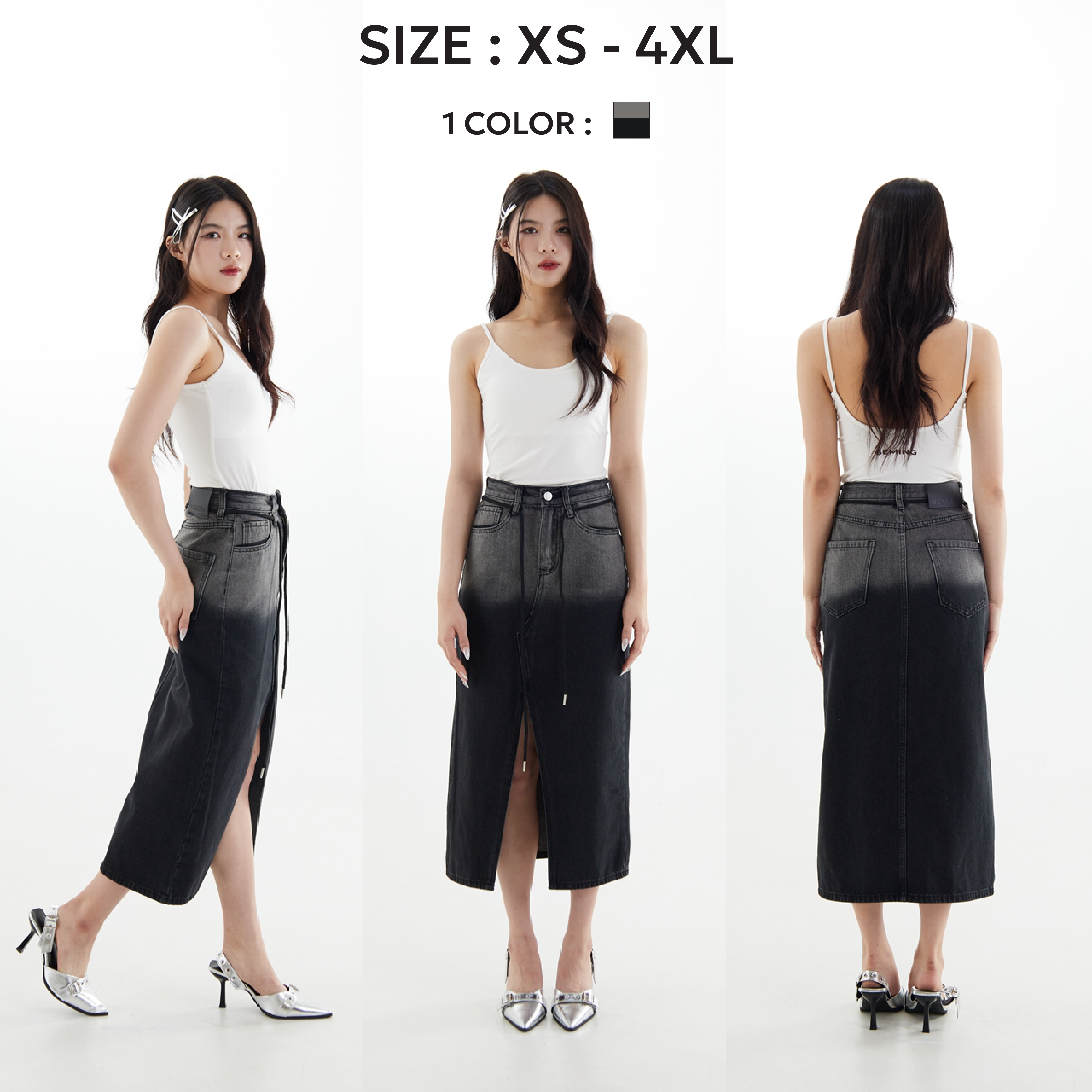 Bemingskirtjean006(XS-4XL) - Wisdom jeans กระโปรงยีนส์ผ่าหน้า มาพร้อมเชือกผูกเอว