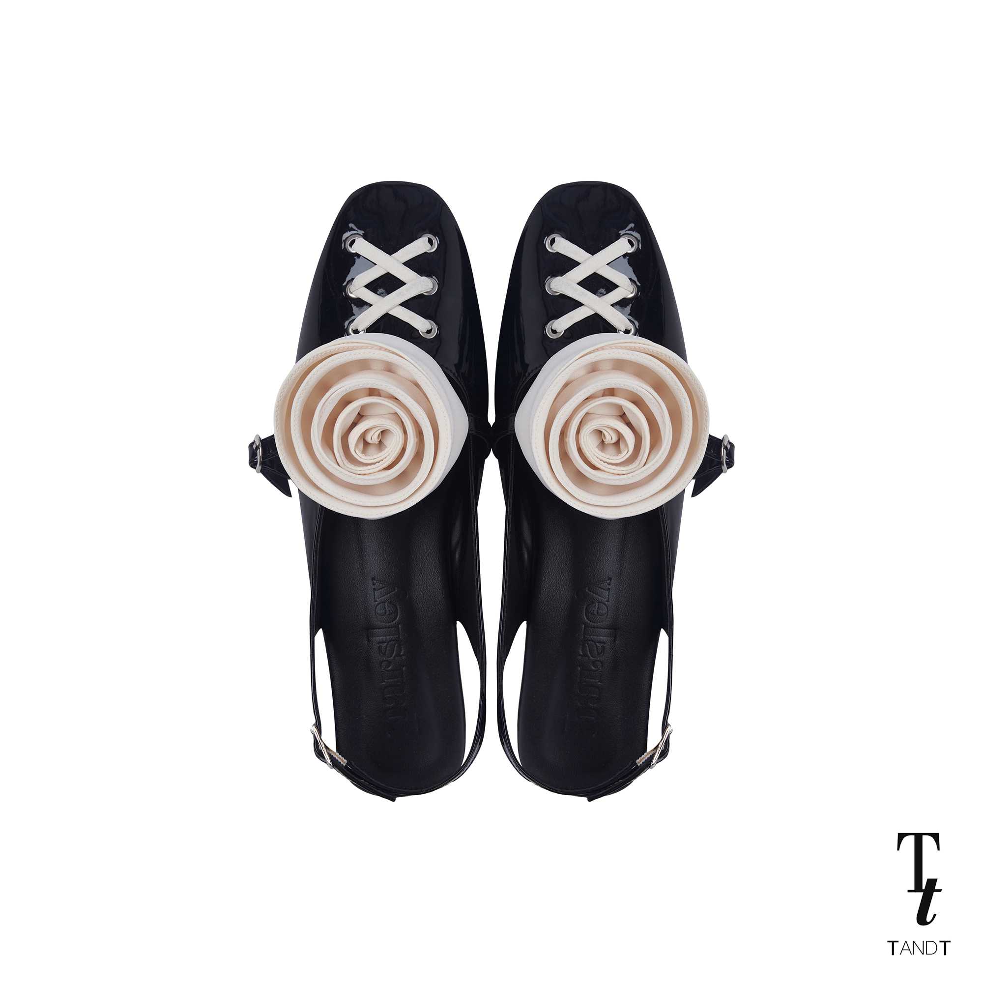 BLACK BALLARINA ROSE FAUX LEATHER FLATS
