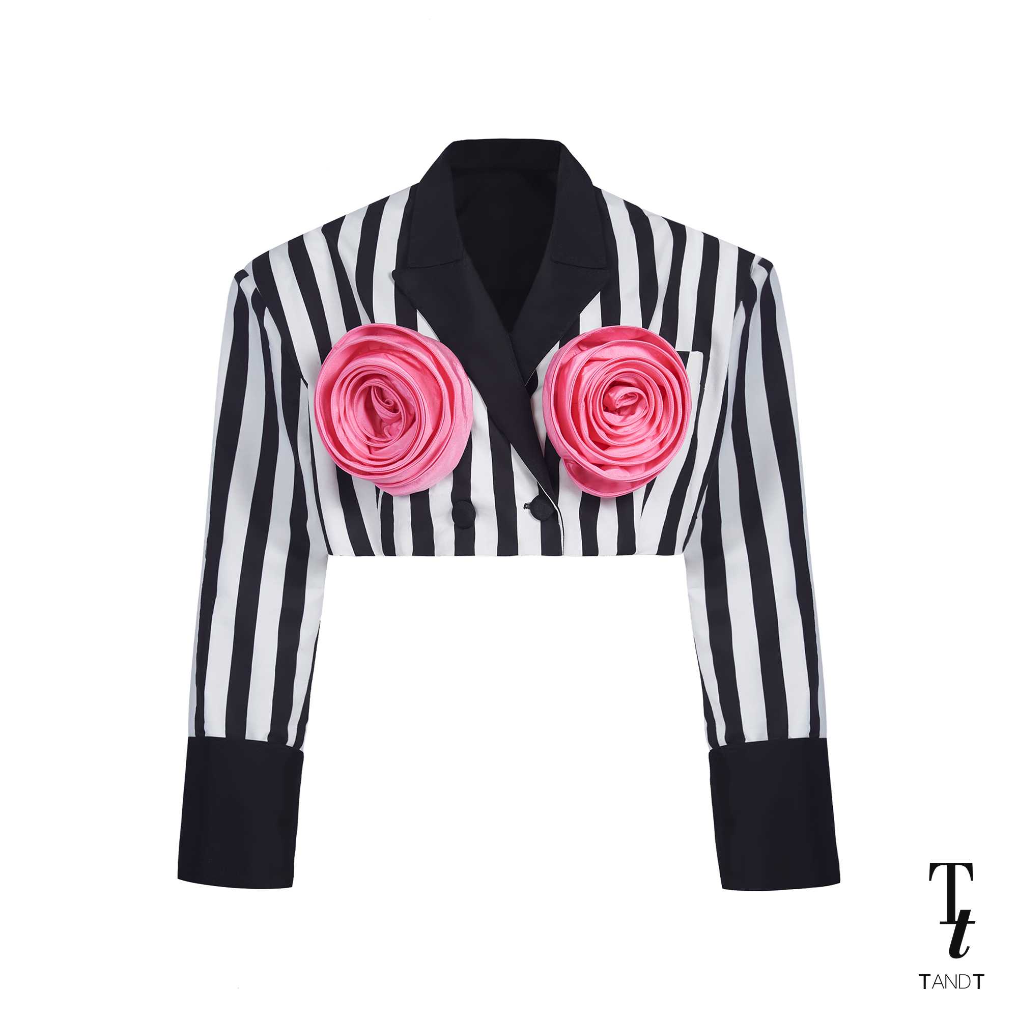 WILKERSON STRIPE - ROSES HAND-CRAFTED PIN STRIPED SHOULDER PADD OVERSIZE CROP BLAZER