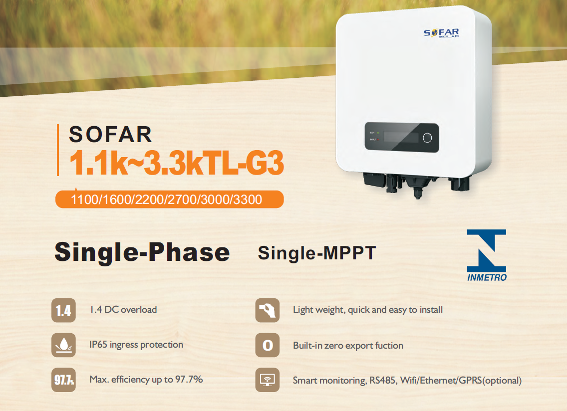 SOFAR Grid tie/ On grid Inverter รุ่น 3.3kW(ผ่านการรับรองจากการไฟฟ้า ขอขนานไฟได้)