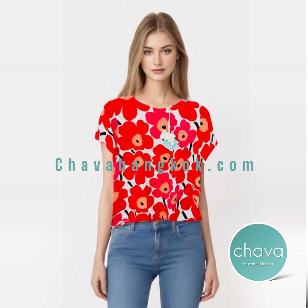 เสื้อ Top / BLOUSE (สีแดง) ลายดอกไม้ 3 สี