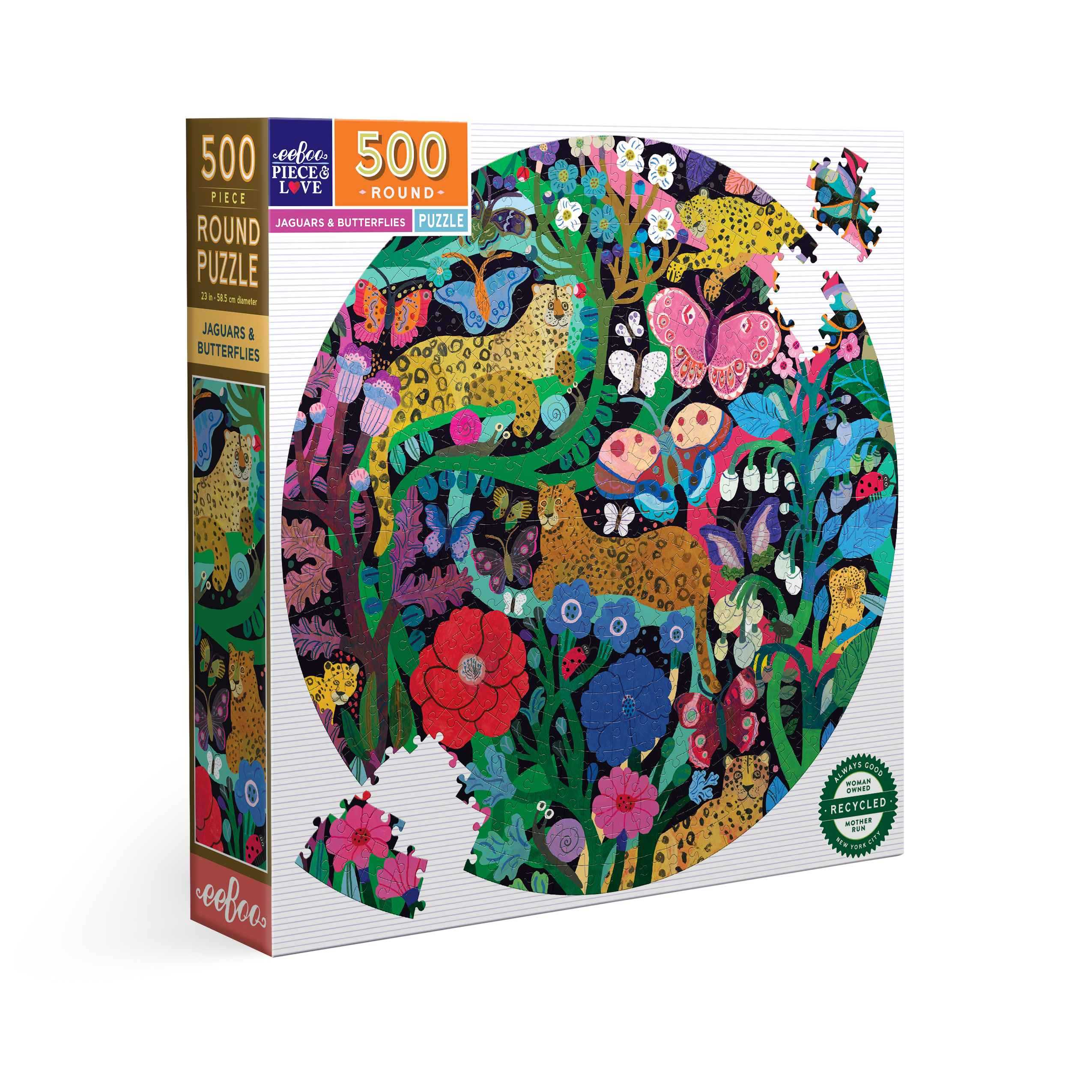 eeBoo Jaguars and Butterflies 500pc Round Puzzle จิ๊กซอว์รูปเสือจากัวร์และผีเสื้อแบบ 500 ชิ้น