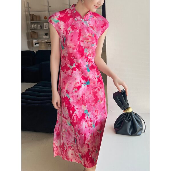 2MUAY รุ่น GJO1319 เดรสพลีทคุณภาพ MANDARIN COLLAR PRINTED PLEATED DRESS 3 สี FREE SIZE