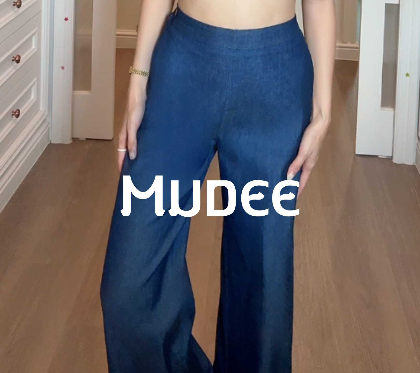 MUDEE กางเกงขายาวเอวยางยืดด้านหลัง ผ้าคอตตอนยีนส์ Denim Stretched Back Wide-Leg Long Pants