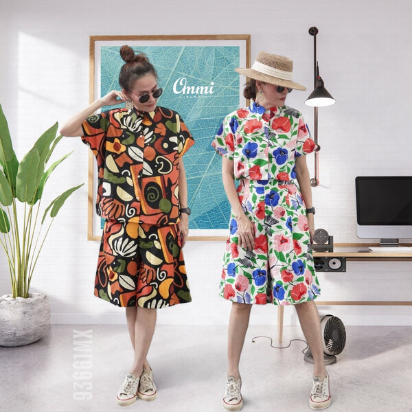 Ommishop 93661MX ชุดเซ็ท เสื้อปกเชิ้ต และกางเกงขาสั้น ลายกราฟฟิค MIX Cotton Japan 100% (Bonus)[93...