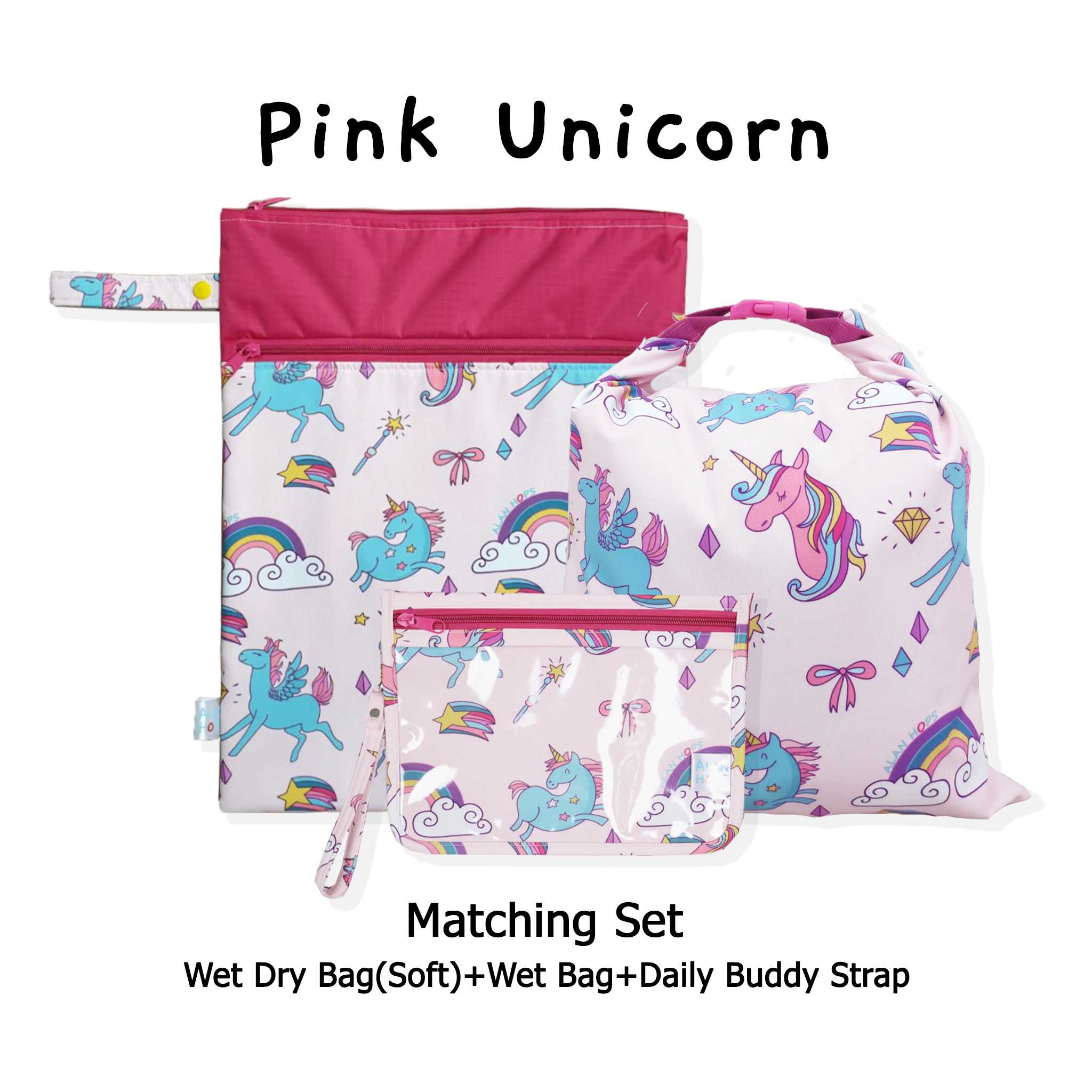 Set : Pink Unicorn (Wet Dry Bag(Soft)+Wet Bag+Daily Buddy Strap)