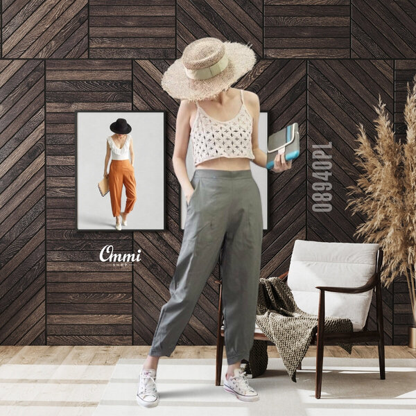 Ommishop 08940PL กางเกงแฟชั่น ผ้าลินิน ปลายขาไขว้กัน (PUP)[08940]