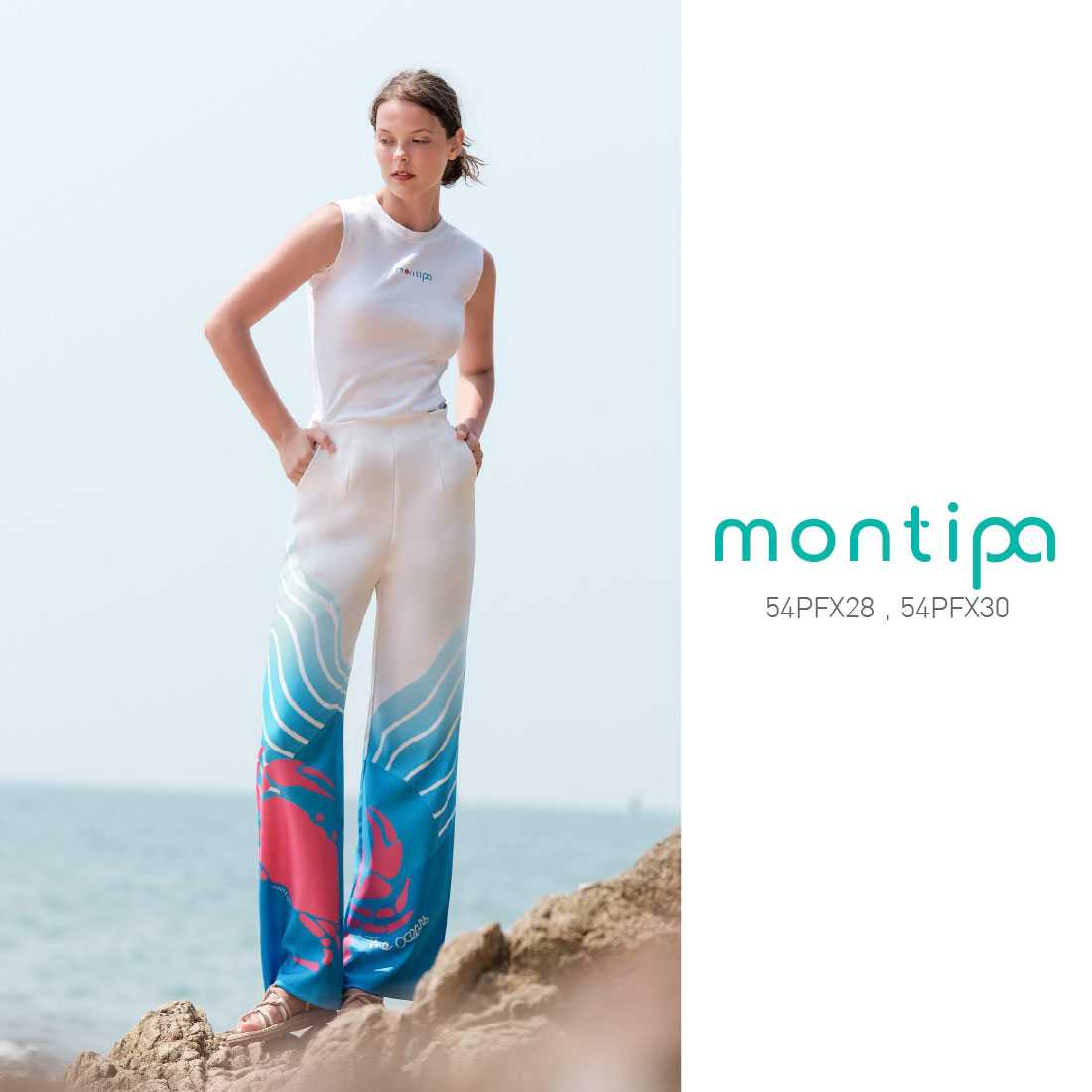 Montipa กางเกงทรงกระบอก ซิปข้าง ลาย summer beach ผ้าทวิล import 54PFX28/54PFX30