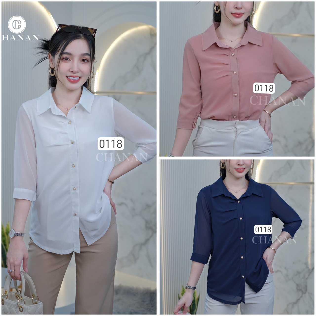 0118 เสื้อคอปก  ผ้าชีฟอง มีซับใน ผ้านิ่ม ใส่สบาย มี3สี