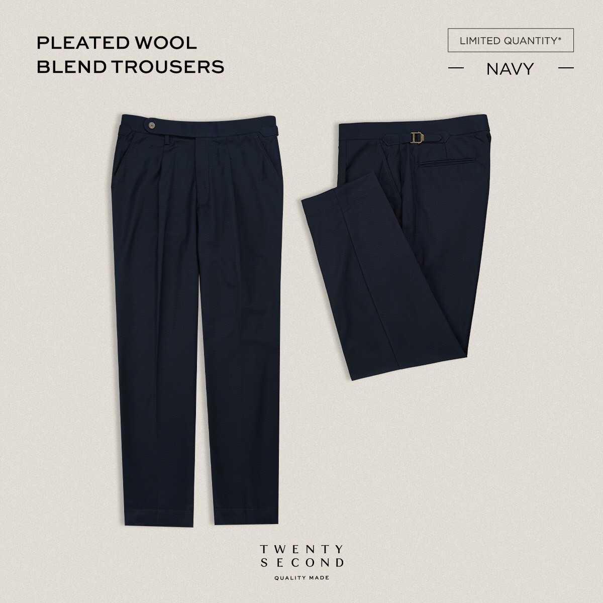 PLEATED WOOL BLEND TROUSERS - DARK BLUE
