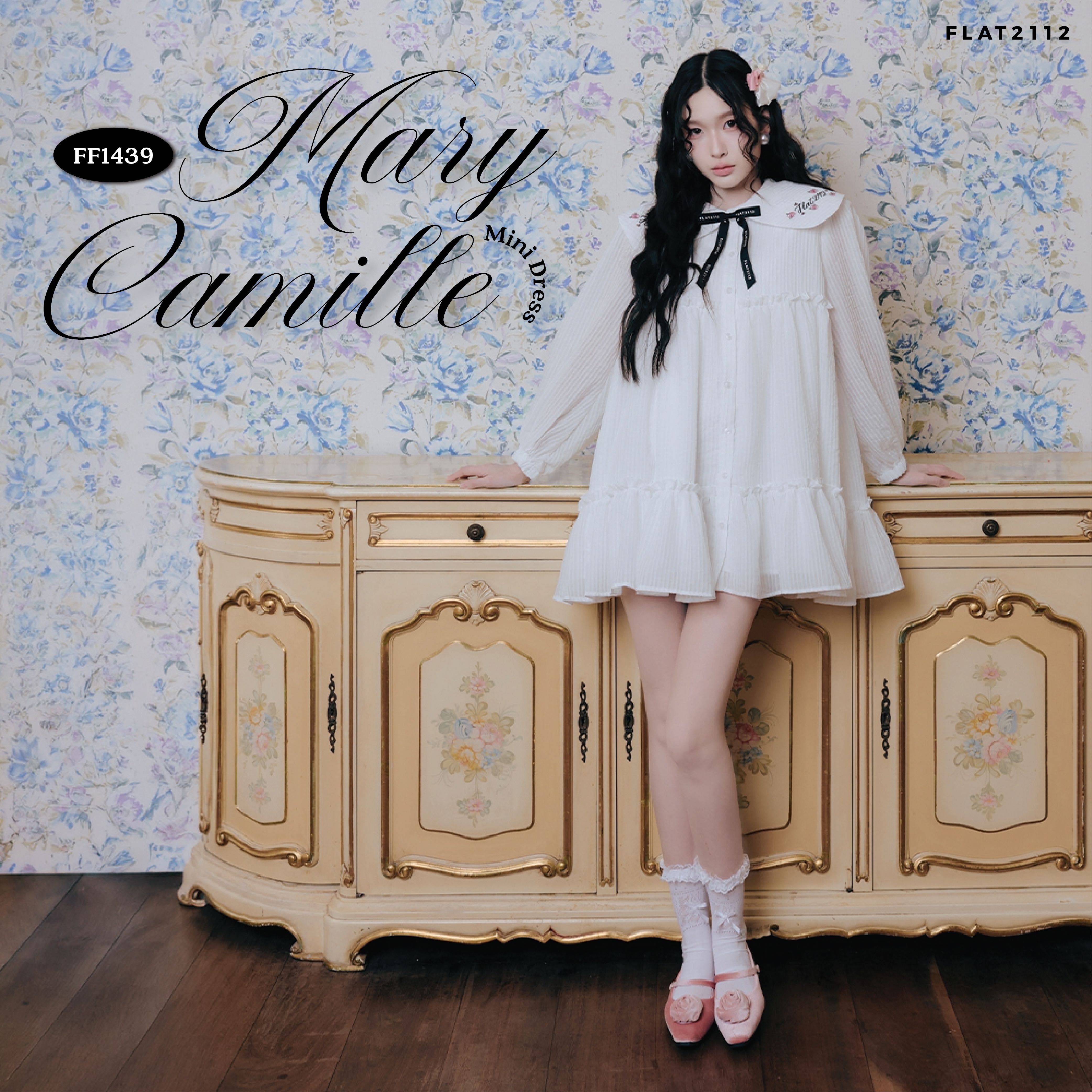 FLAT2112 : MARY CAMILLE MINI DRESS  เดรสสั้นสีขาวลูกคุณหนูอ่อนหวาน ชุดเที่ยวคาเฟ่มินิมอล (FF1439)