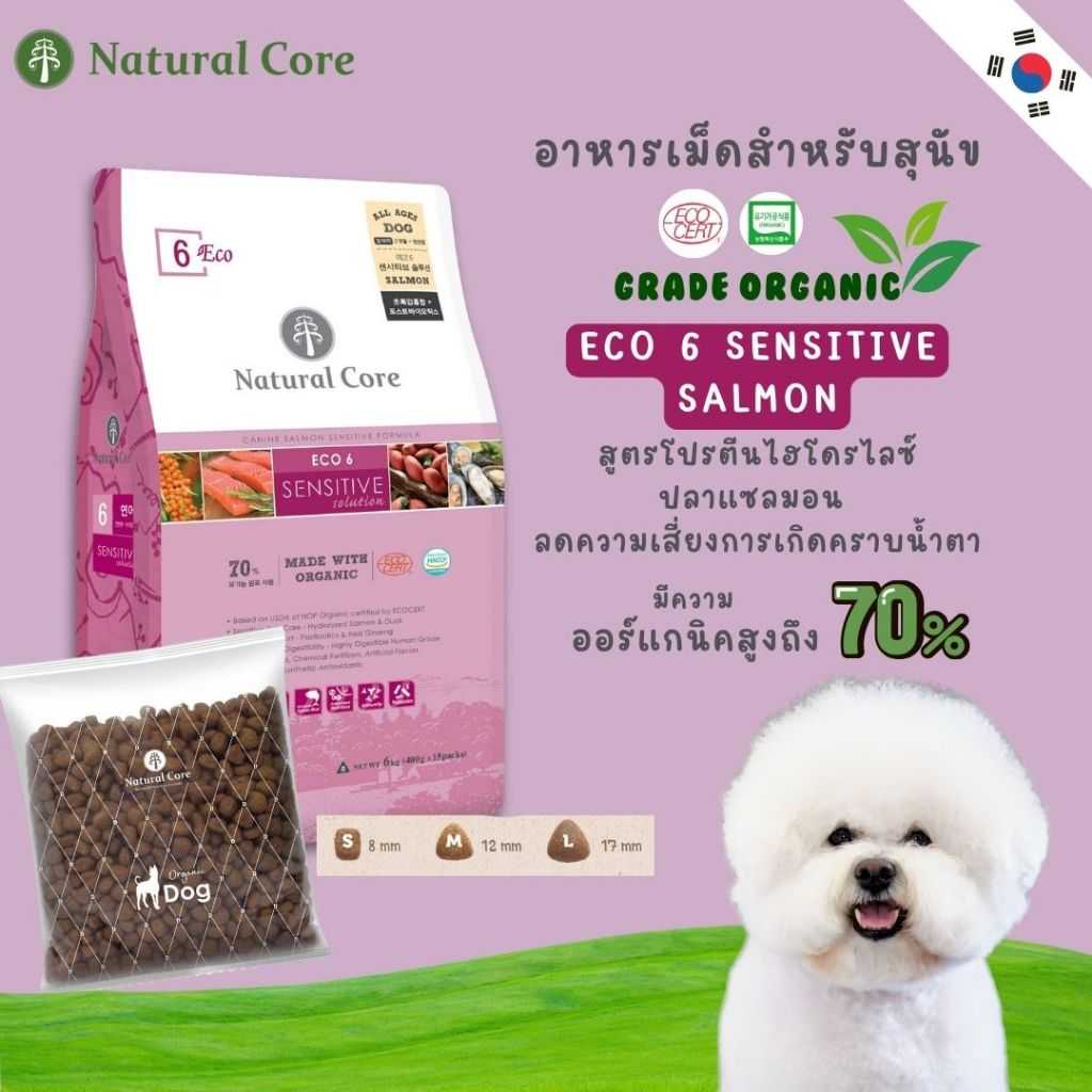 Natural Core ECO 6 Salmon อาหารเม็ดสำหรับลูกสุนัข  เกรดออร์แกนิก สูตรเนื้อปลาเเซลมอน นำเข้าจากเกาหลี