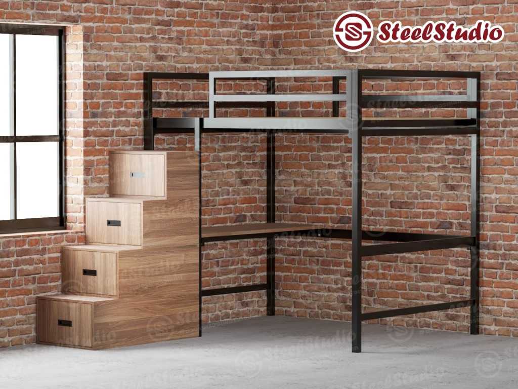 เตียงสูง 5 ฟุต High bed พร้อมโต๊ะทำงาน และกล่องบันไดทางขึ้นด้านหน้า