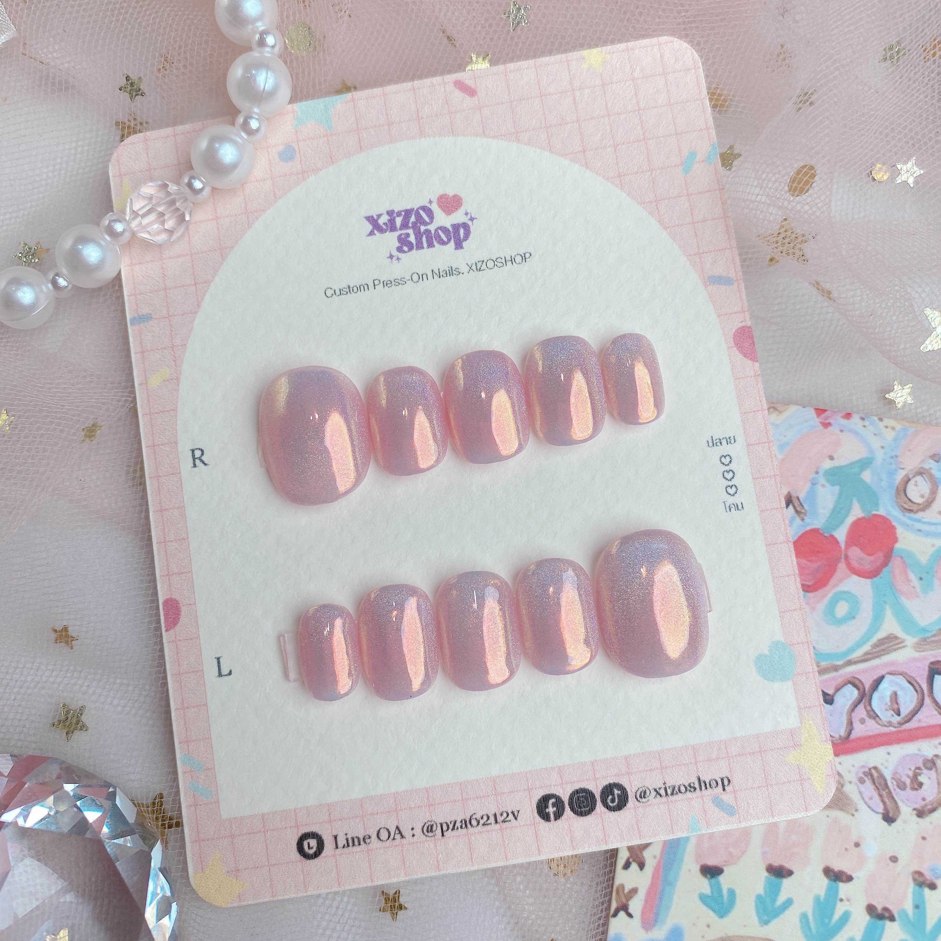 ไซส์ S เล็บปลอม สีเจล พร้อมส่ง สีชมพู ออโรร่า โฮโลแกรม
