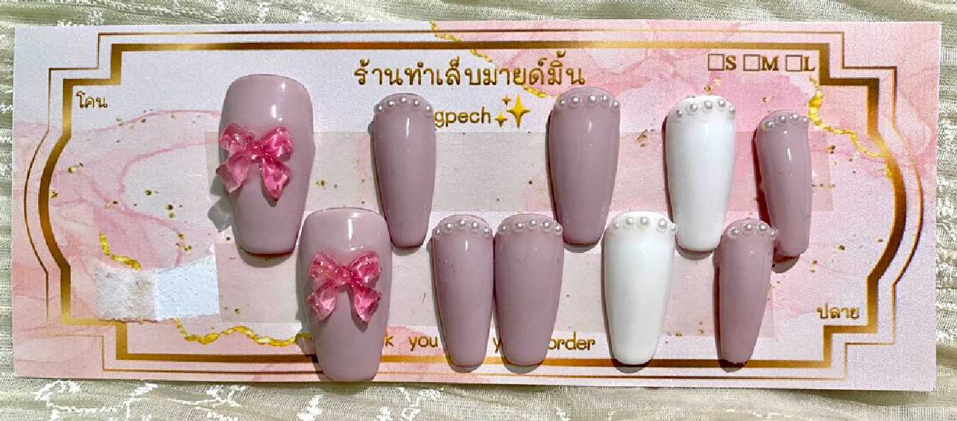 เล็บเจลแฮนด์เมด 100% สีม่วงกะปิละมุนตา & งานโบว์ชมพูออโรร่า (Soft Mauve & Pink Ribbon)