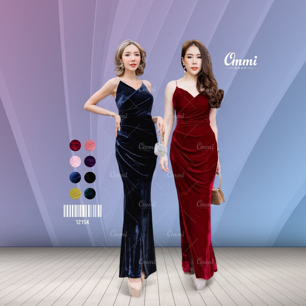 Ommishop ชุดราตรี 1215K สายเดี่ยวไขว้อก กำมะหยี่ เดรสออกงาน ชุดงานแต่ง เพื่อนเจ้าสาว