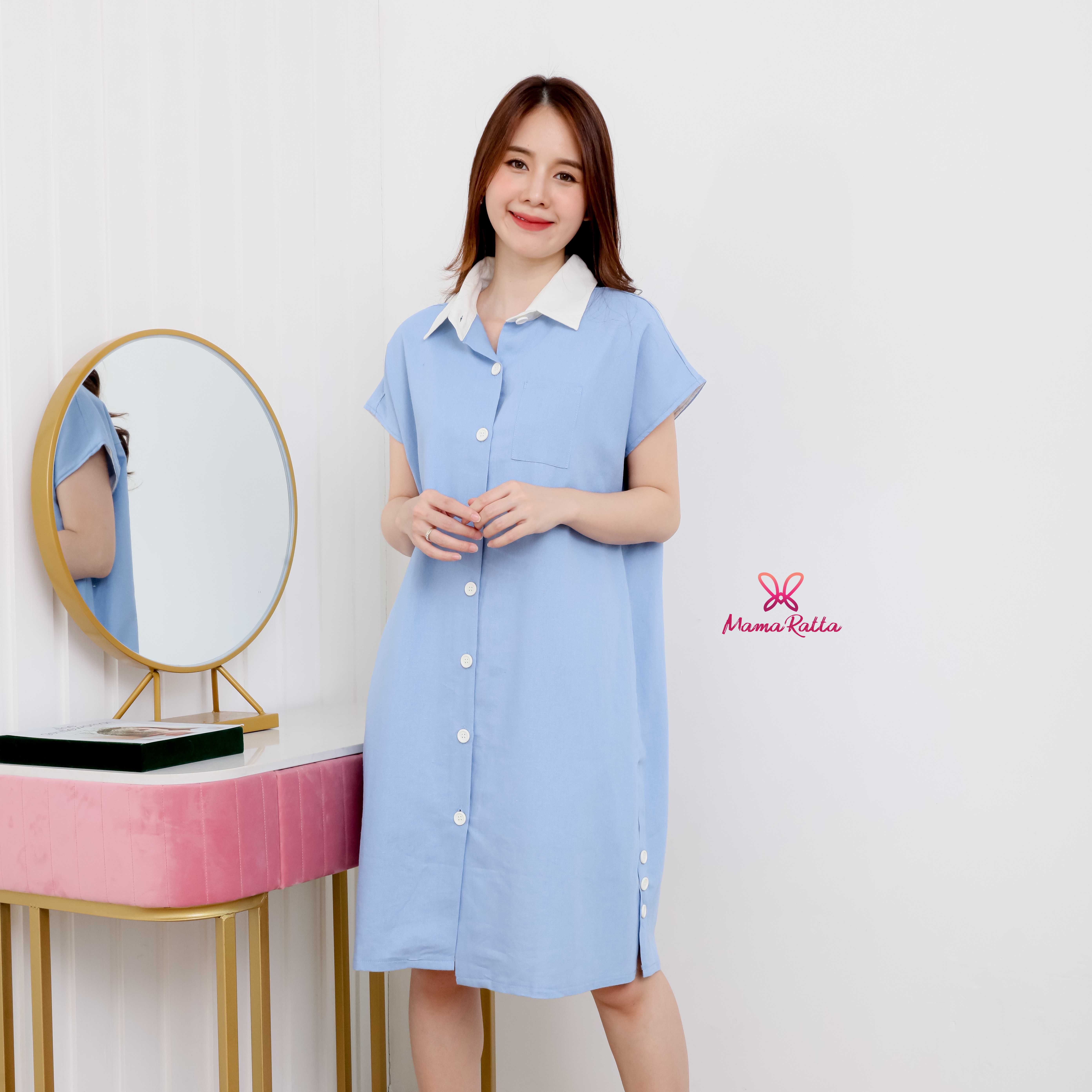 เดรสผ้าลินินสไตล์เรียบเก๋ใส่ง่ายใส่ได้ตลอด ผ้าใส่สบายไม่ร้อน ซับในทั้งชุด - สีฟ้า