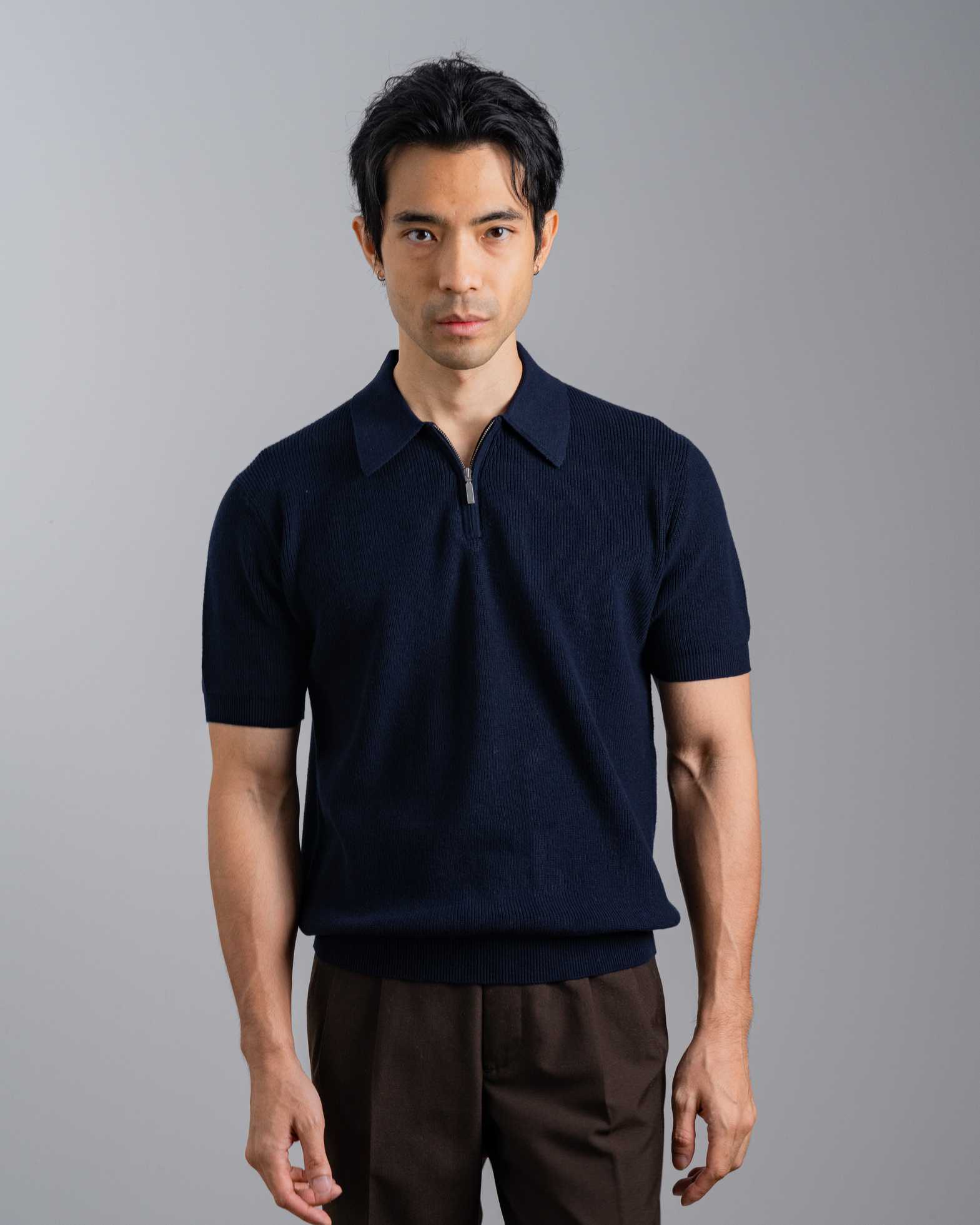 MadetoMature Jersey Stitched Zip Knitted Polo - Navy
