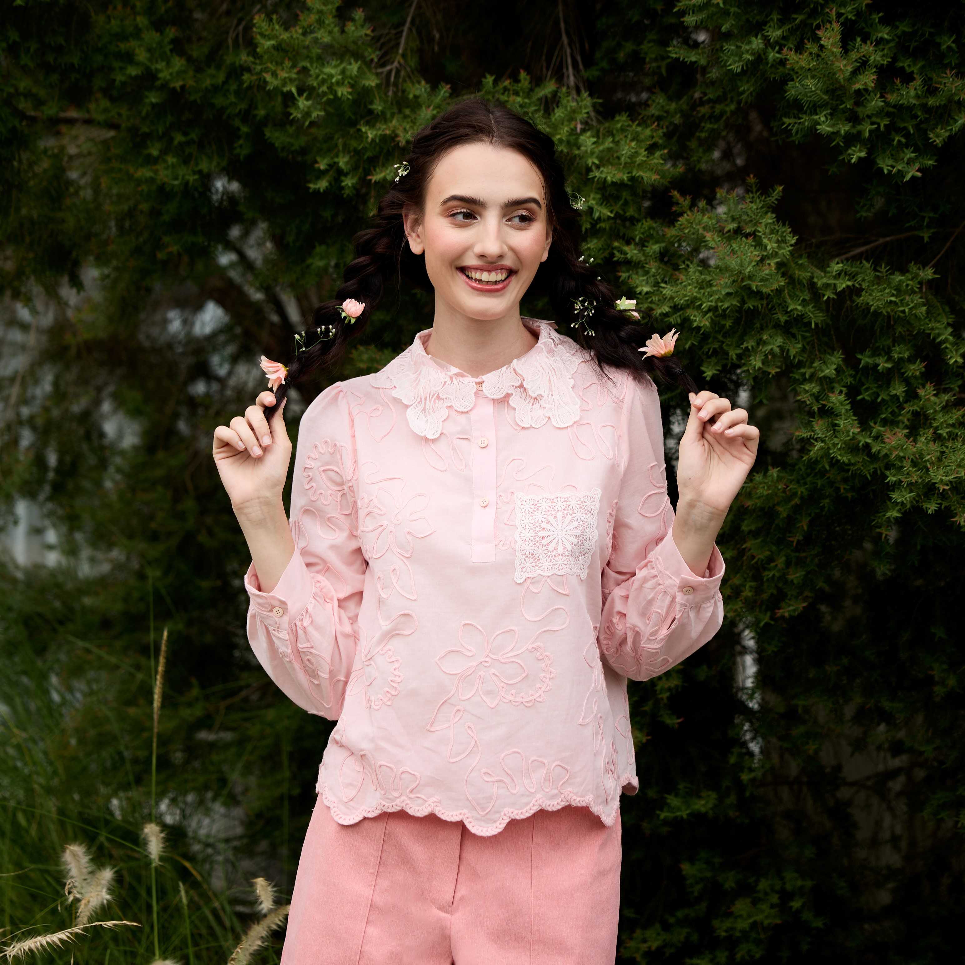 COTTON BRODERIE SHIRT - BABY PINK