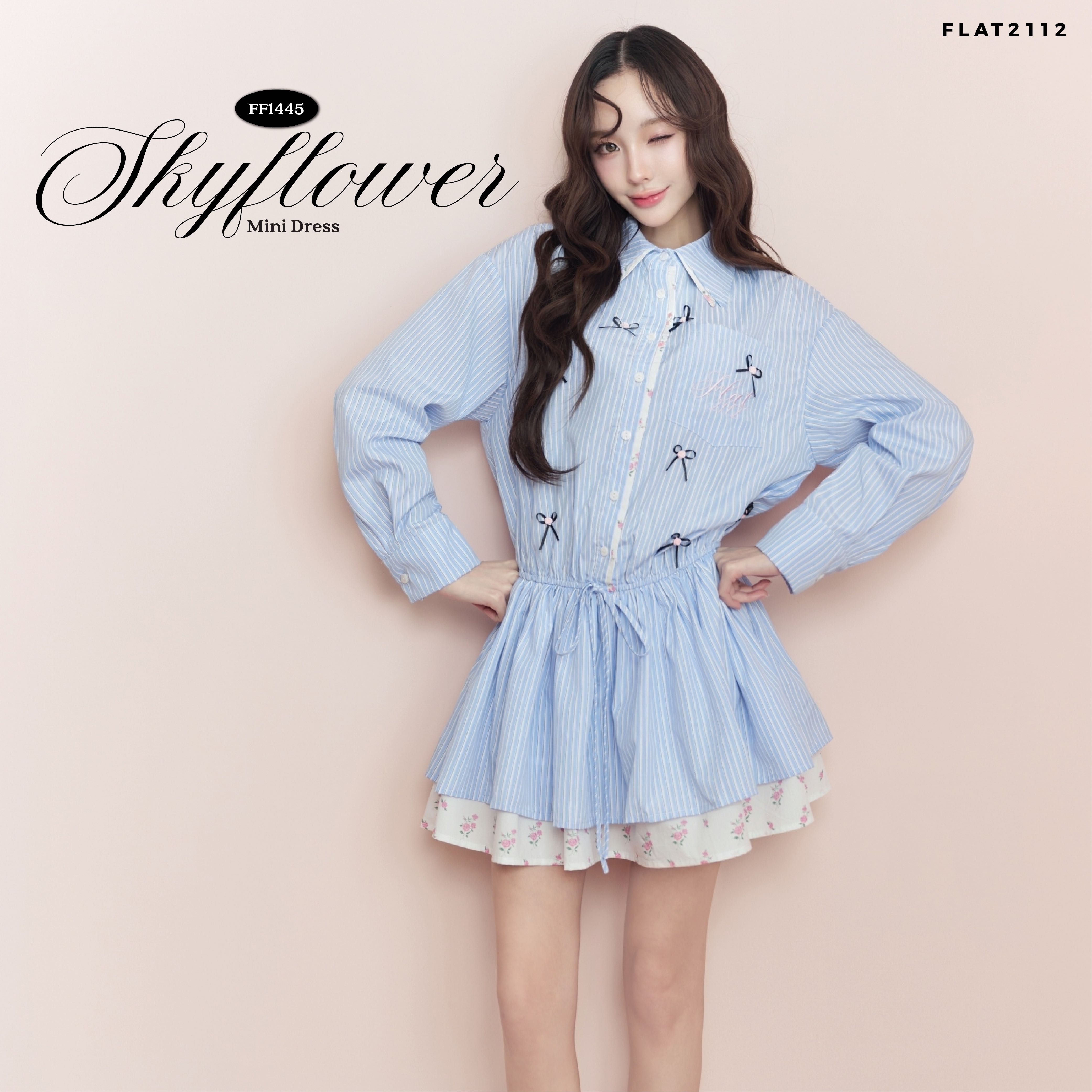 FLAT2112 : SKYFLOWER MINI DRESS  เดรสผู้หญิงโทนฟ้าพาสเทล ดีไซน์คอปกสไตล์เชิ้ต (FF1445)