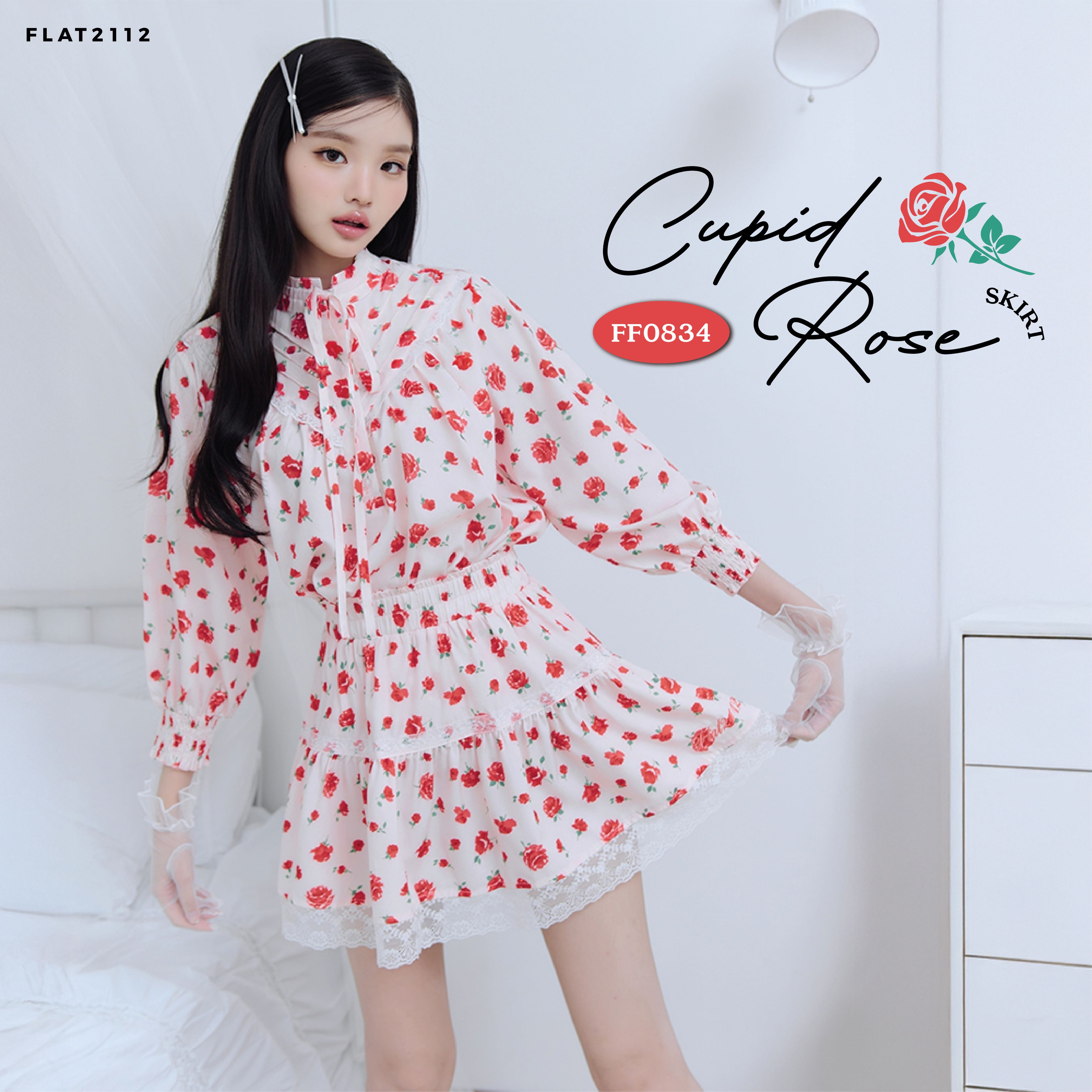 FLAT2112 : CUPID ROSE SKIRT กระโปรงสั้น ผ้าพริ้วใส่สบาย ลายสดใส  เเมตซ์ง่าย มีพลัสไซซ์(FF0834)