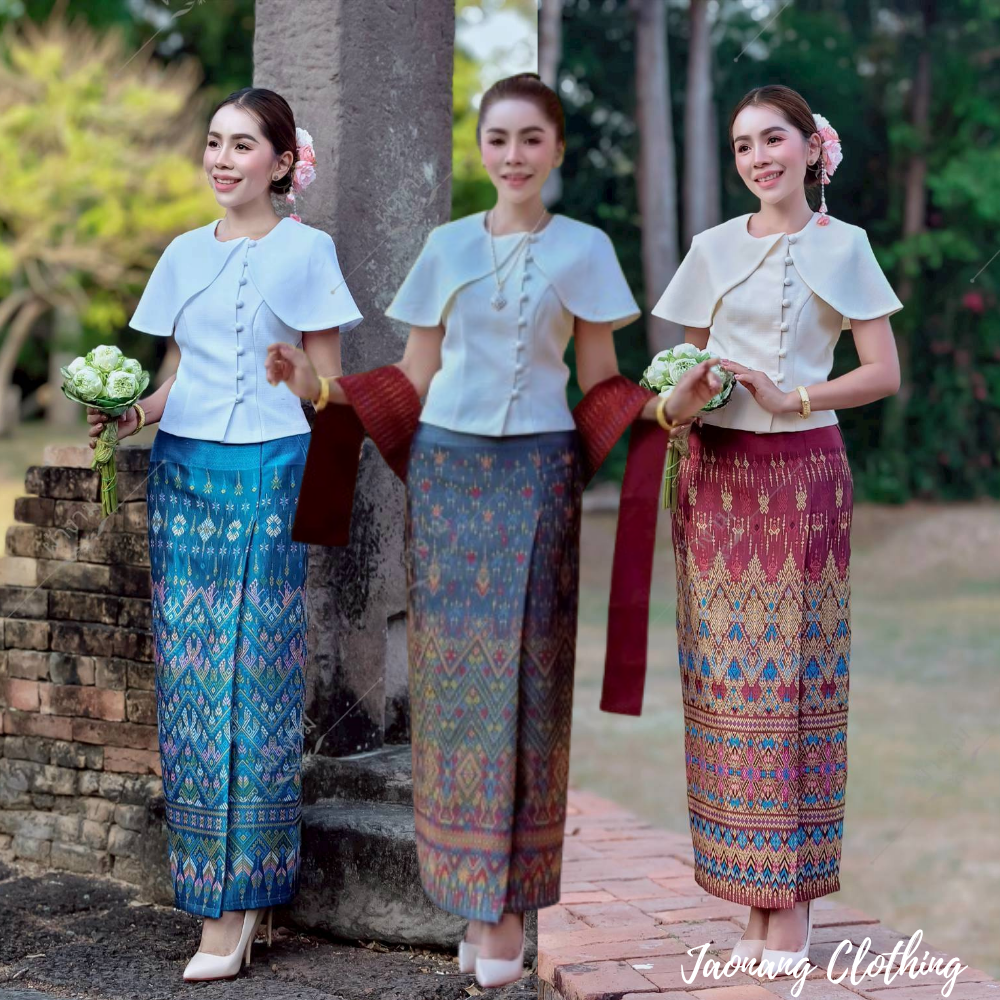 ผ้าถุงสำเร็จ งานป้ายสำเร็จ ซิปซ่อนหลัง มี SIZE S-2XL เนื้อผ้าไหมแกมฝ้ายทอลาย ลายแพรวา อัดกาวทั้งผืน