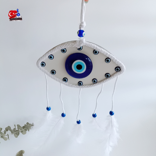 Evıl Eye ของแท้ จากตุรกี โมบายแก้วสีฟ้า5cm ตกแต่งเชือกขนนก ป้องกันสิ่งชั่วร้ายความอิจฉานำพาโชคดี