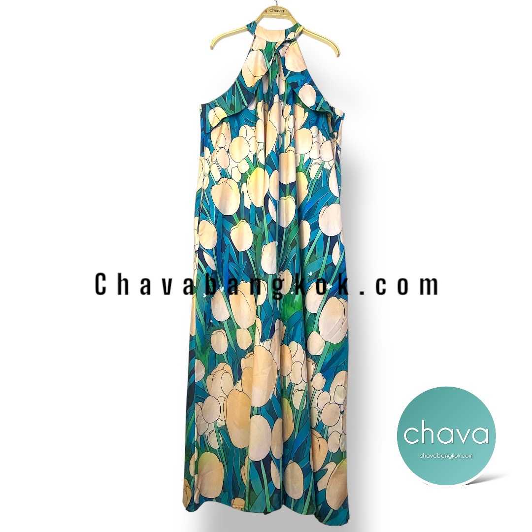 NEW!! Maxi Dress เดรสยาว แขนเว้า (สีเขียว) ลายดอกไม้