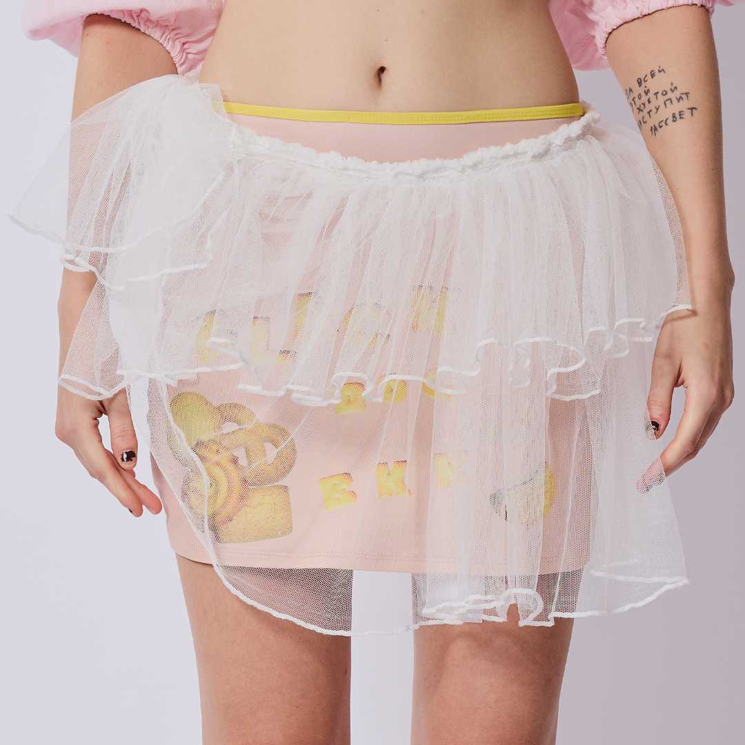 BLACKDOG BKK-AW2425-Cookies mini skirt-กระโปรงผ้ายืดพิมพ์ลายตกแต่งผ้าตาข่าย