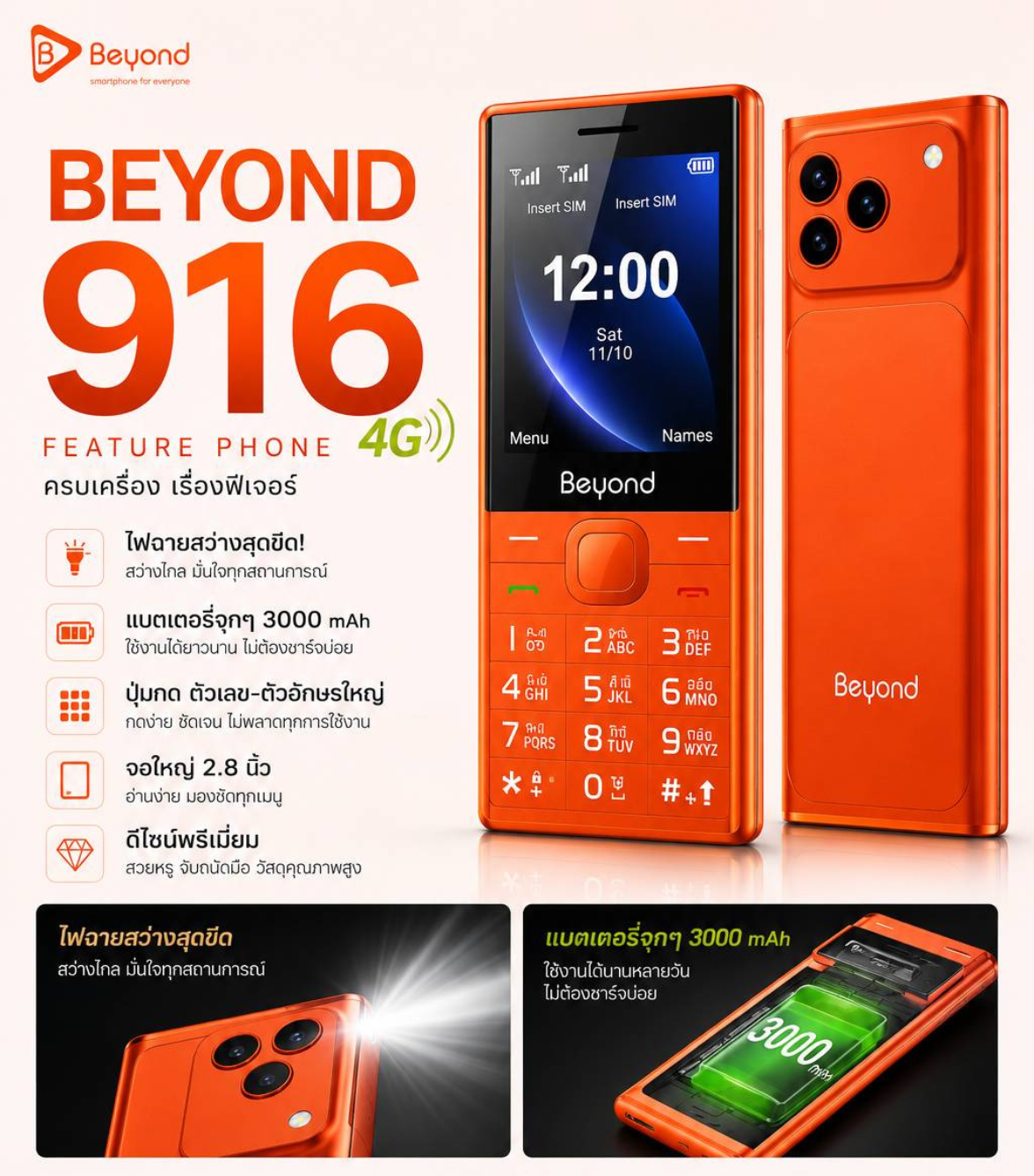 ดีไซน์สวย ราคาถูก มือถือปุ่มกด Beyond 916 4G ปุ่มกดใหญ่ ตัวเลขใหญ่ แบตอึด เสียงดัง ประกัน 1 ปี