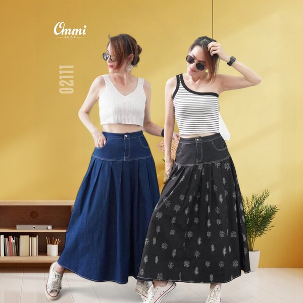 Ommishop 02111 กระโปรงผ้ายีนส์ มีซิปหน้า กระดุมหน้า เย็บต่อระบาย เอวยางยืดด้านหลัง (PUP)