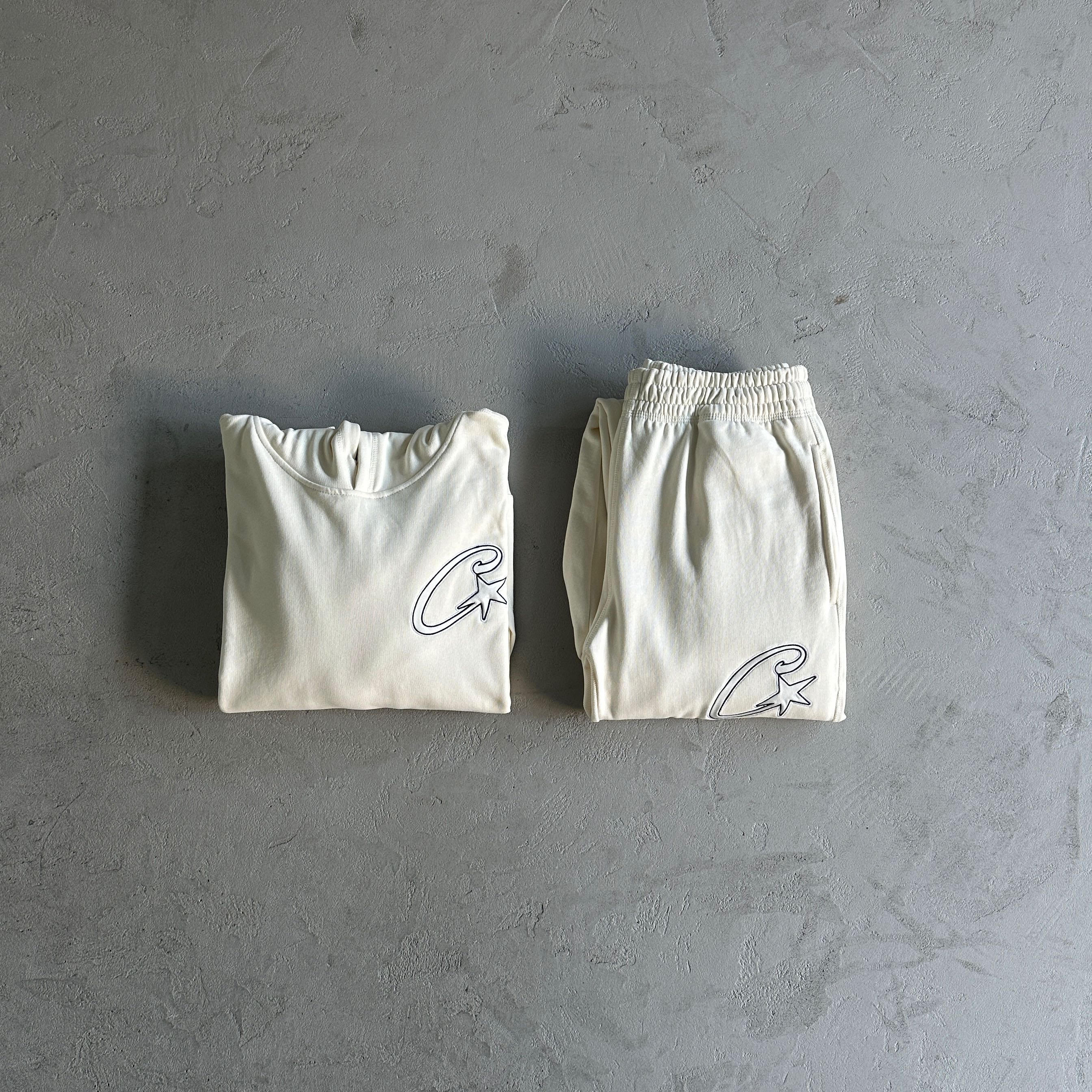 Corteiz Satin C Star Appliqué Hoodie + Bottoms Off White