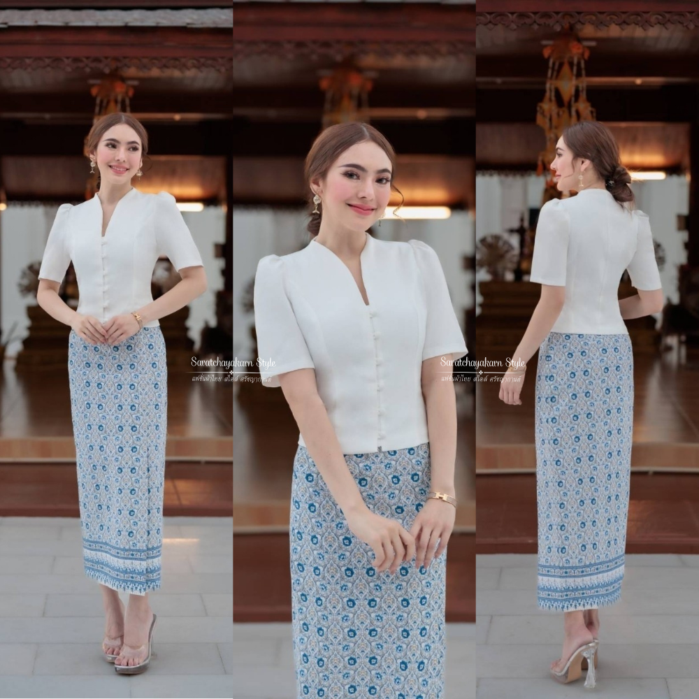ชุดผ้าไทย ชุดเซ็ท เสื้อผ้าไหมญี่ปุ่นคอปีน กระดุมหน้าใช้งานได้จริง ผ้าถุงผ้าฝ้ายทอลายไทย