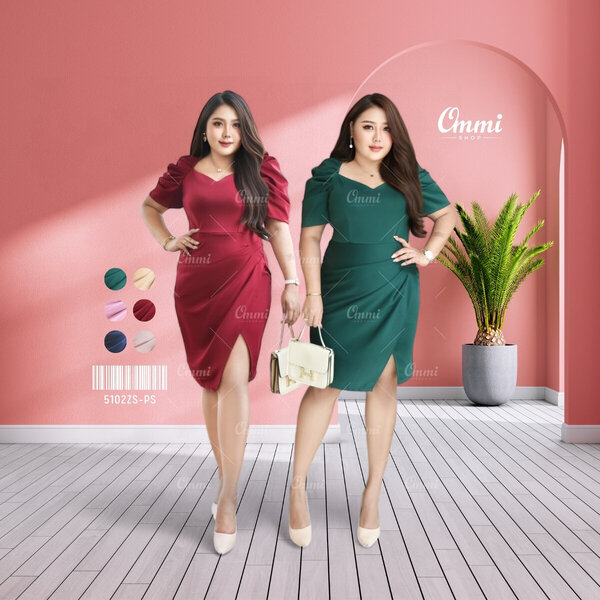 Ommishop ชุดราตรีสั้น 5102ZS-PS คอวีจับจีบแขน ผ้ามิลิน เดรสสั้น เดรสออกงาน ชุดงานแต่ง เพื่อนเจ้าส...