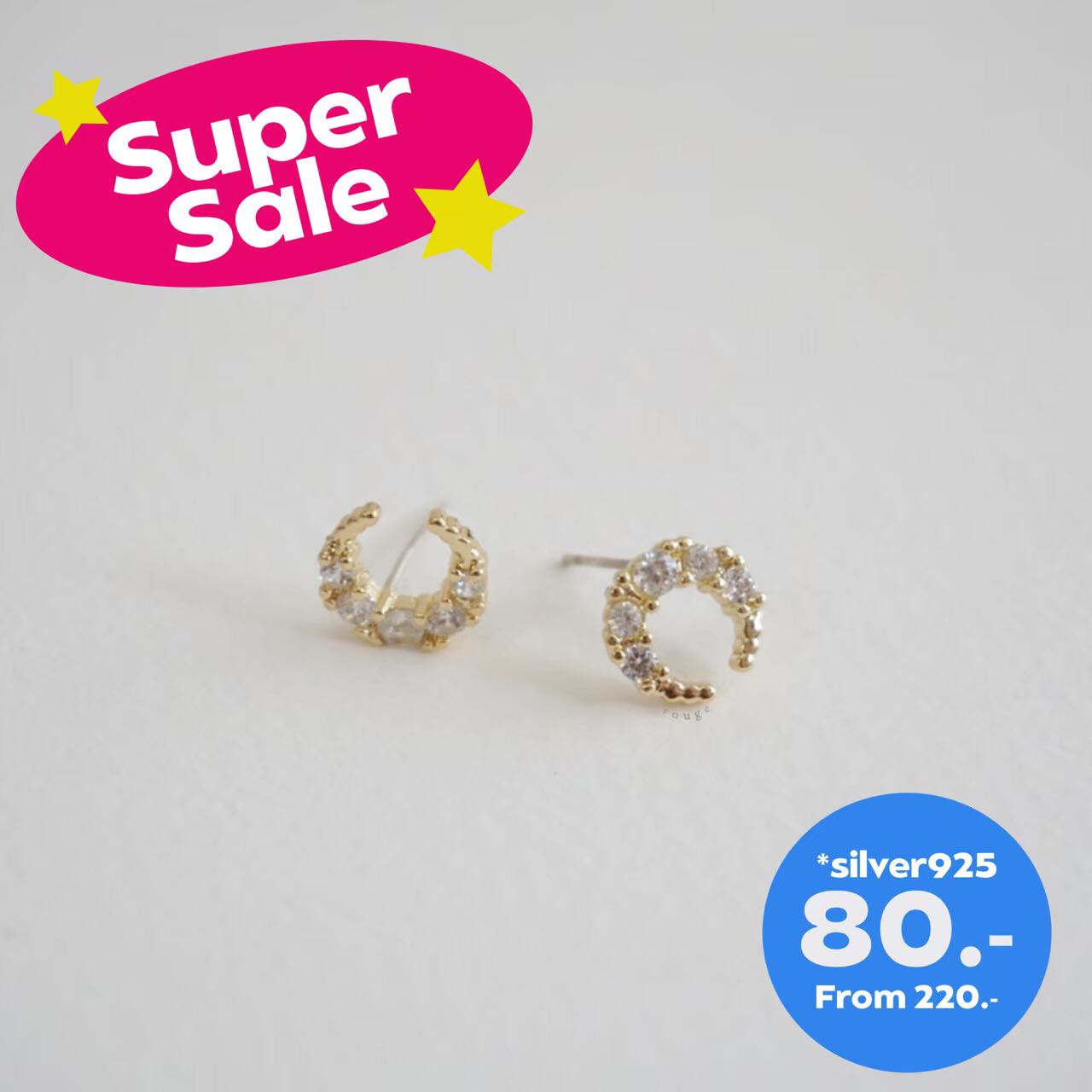 ต่างหูเงินแท้ Crystal golden moon  stud S925 ไม่แพ้ไม่คัน