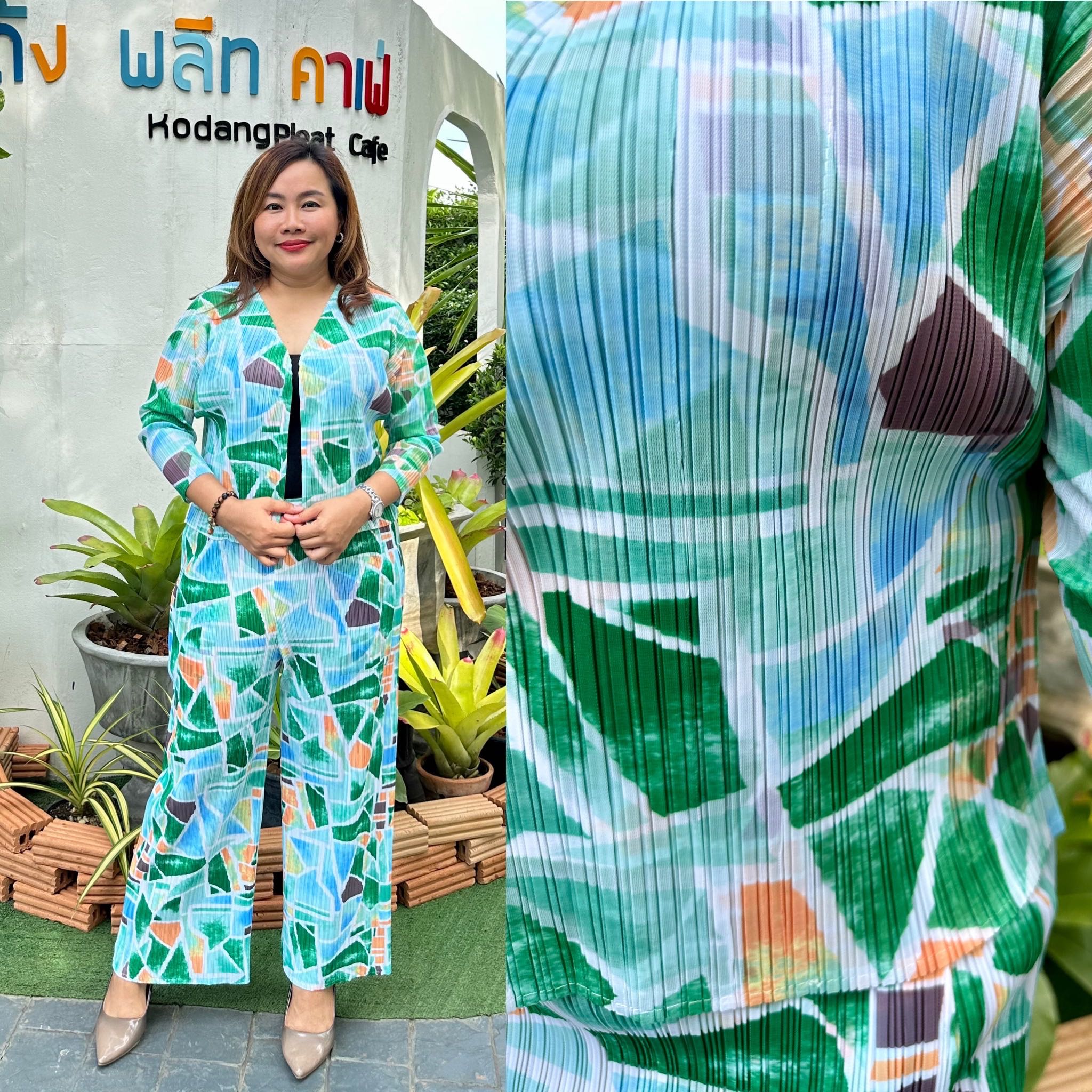 Peatbynisa A376 เซ็ตอัดพลีท เสื้อคลุมพร้อมกางเกงลายกราฟฟิก เนื้อผ้าคุณภาพ Polyester100%