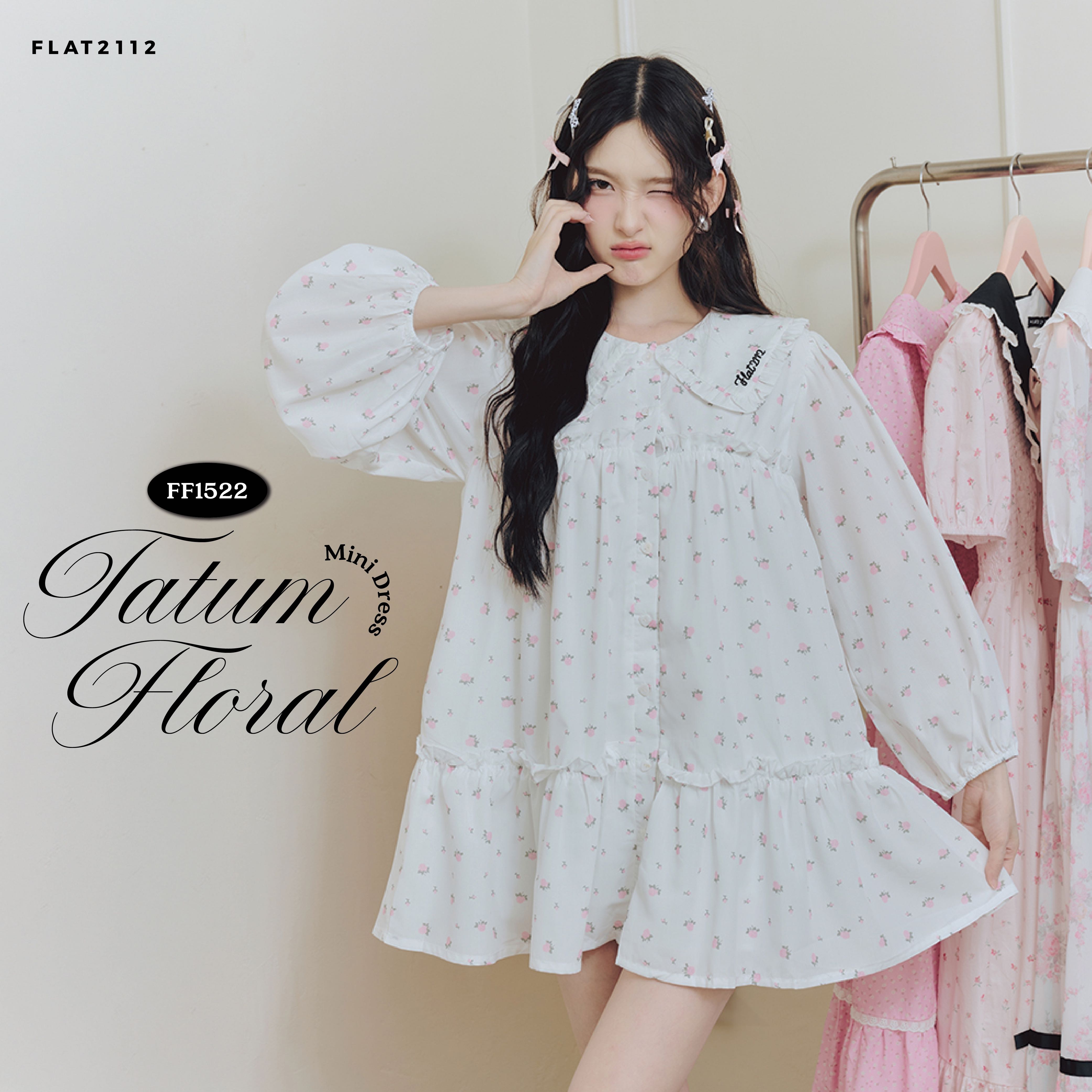 FLAT2112 : TATUM FLORAL MINI DRESS เดรสสั้นลายดอกสีขาว คอปก ลุคหวานลูกคุณ เดรสวินเทจ(FF1522)