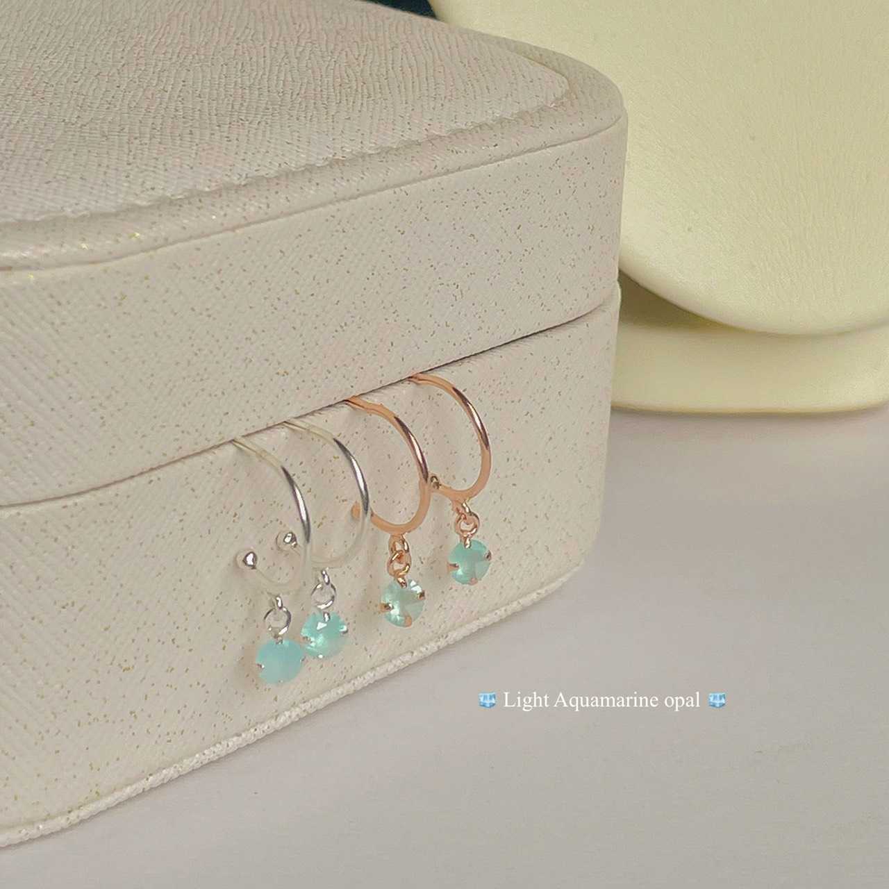 Silver925 x Light Aquamarine opal drop hoop stud (silver/rosegold)