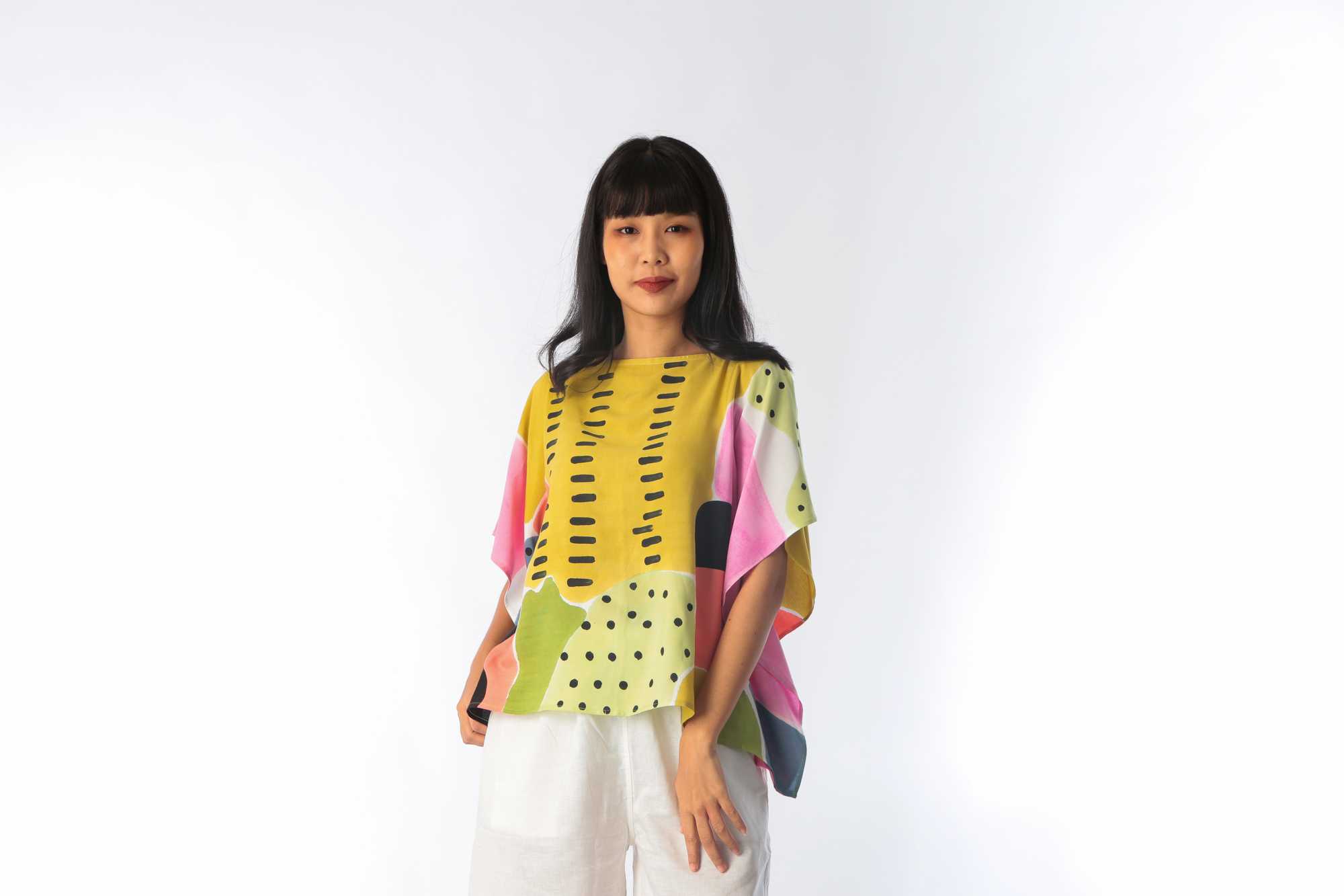 (Pre-Order)Poncho Cotton Rayon Blouse Hand paint For Summer Beach Vacation Small Size