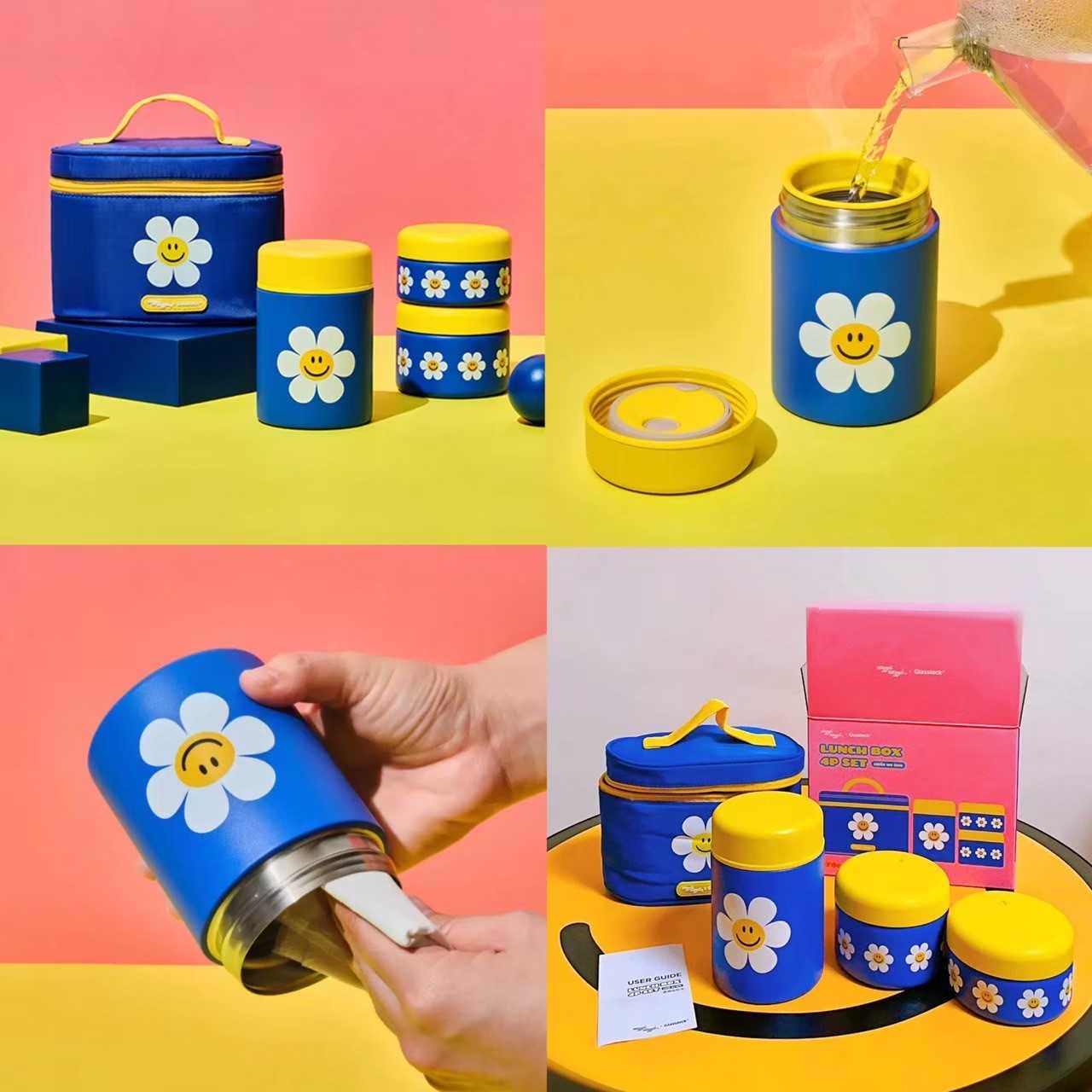 🌈 Wiggle Wiggle x Glasslock ของแท้ 💯 สแตนเลส เก็บความร้อน Lunch Box 4P Set ถ้วยมีฝาปิด + กระเป๋า