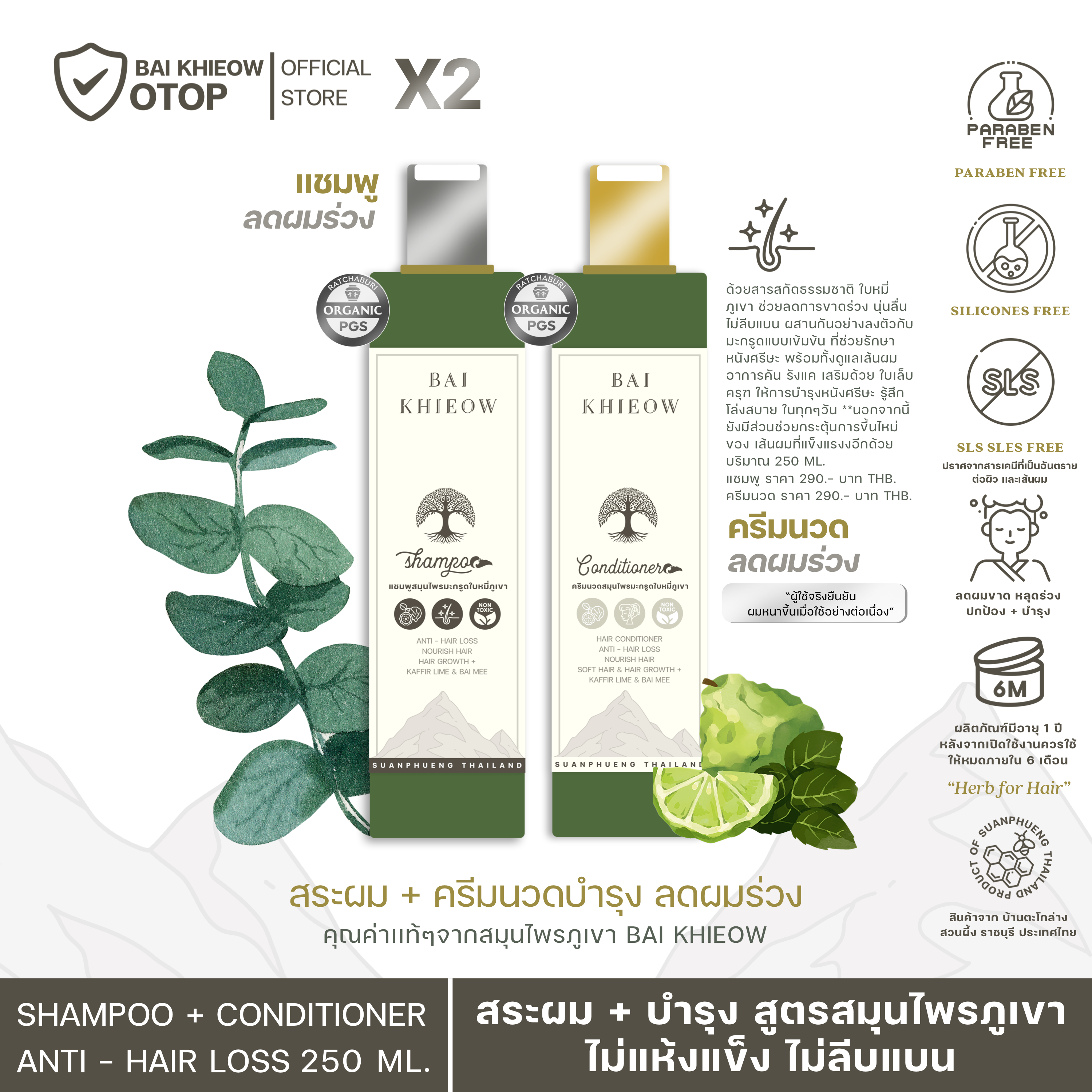 BAI KHIEOW ใบเขียว (Hair) : แชมพู 1 + ครีมนวดบำรุง 1 ลดผมร่วง ไม่แห้ง ไม่ลีบแบน สูตรอ่อนโยน 