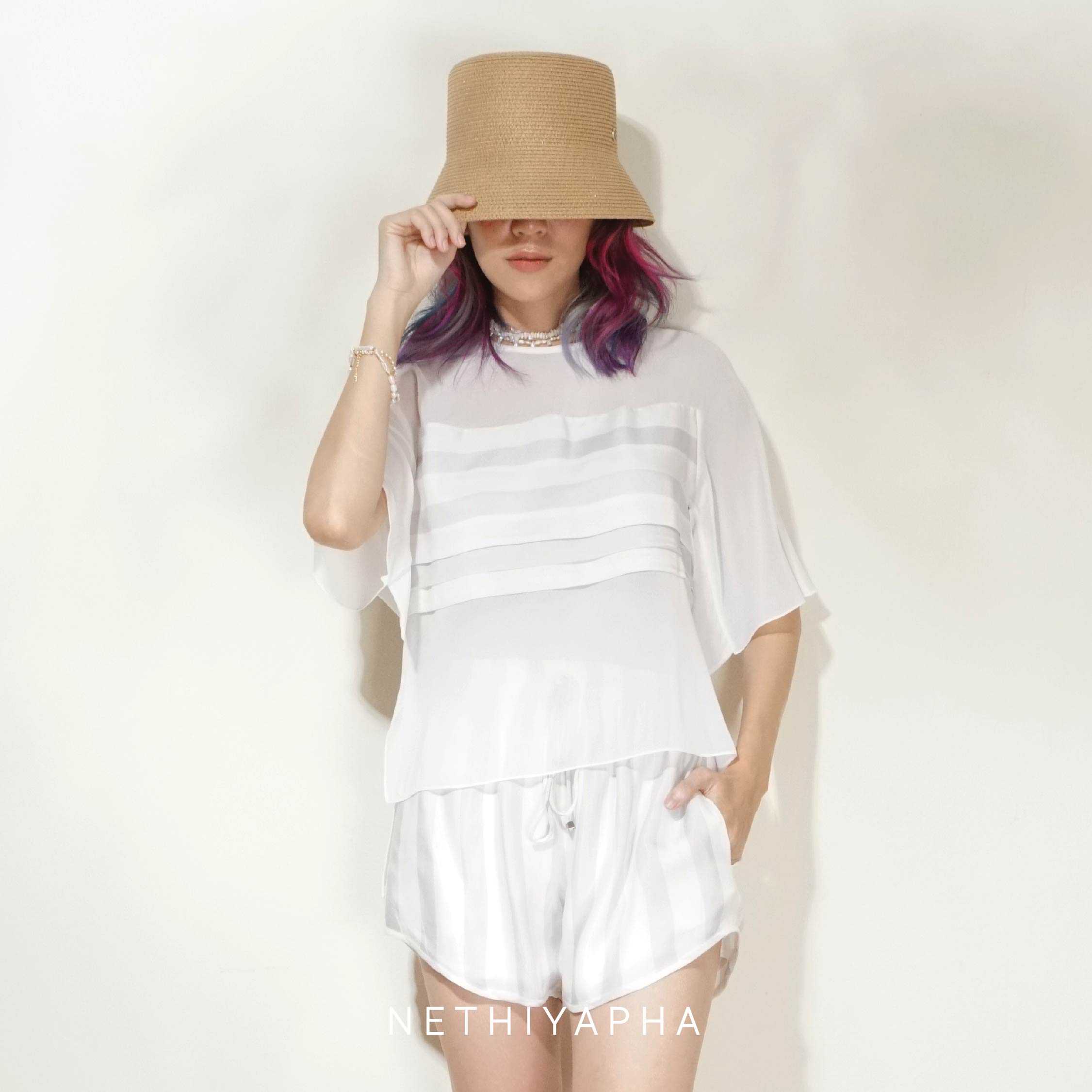 Striped See Through Top : Striped Print เสื้อแขนสั้นตัดต่อลายผ้า