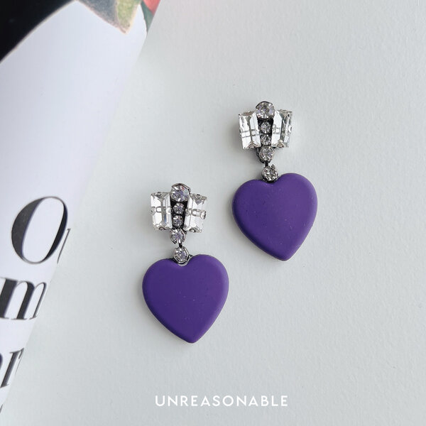 ต่างหูหัวใจ Drop Earrings สีม่วง ต่างหูคลิป ต่างหูก้านเงินแท้ UA0942-01 Unreasonable Accessories