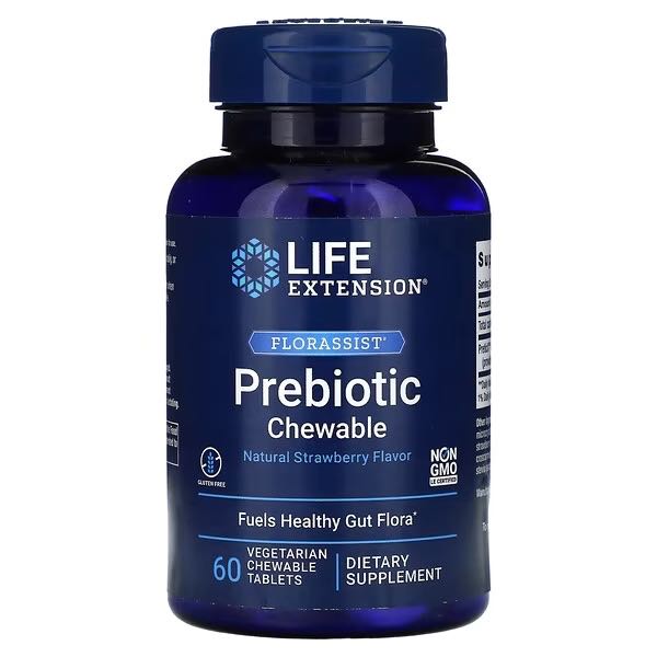 Life Extension, Florassist Prebiotic Chewable, Natural Strawberry , 60 Vegetarian Chewable Tablets