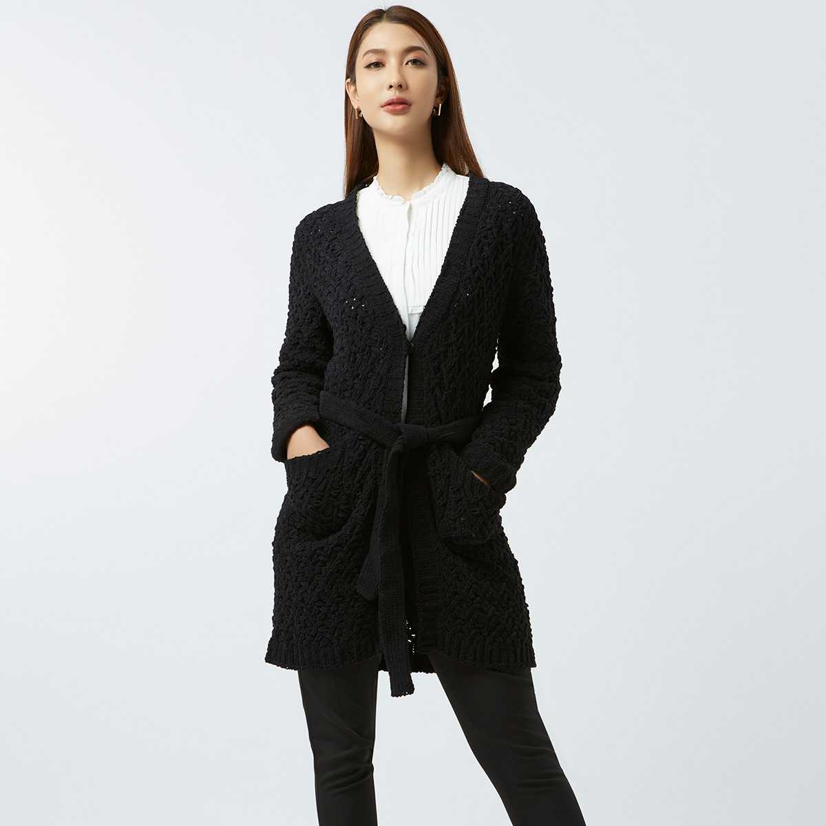 เสื้อโค้ทผ้าถัก + โบว์ | Chunky Knit Coat + Bow | 04077