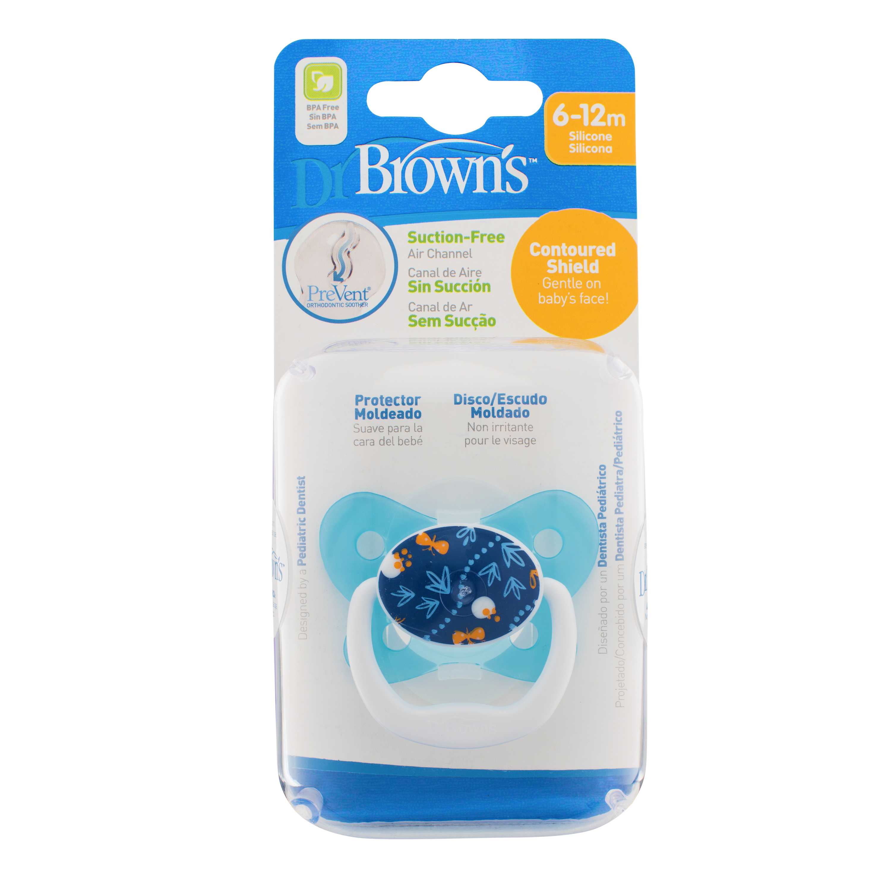 #จุกนมหลอก Dr.Brown's : DRBPV21404-SPX PreVent BUTTERFLY SHIELD Pacifier, Stage 2 6-12M-Blue, 1pk.