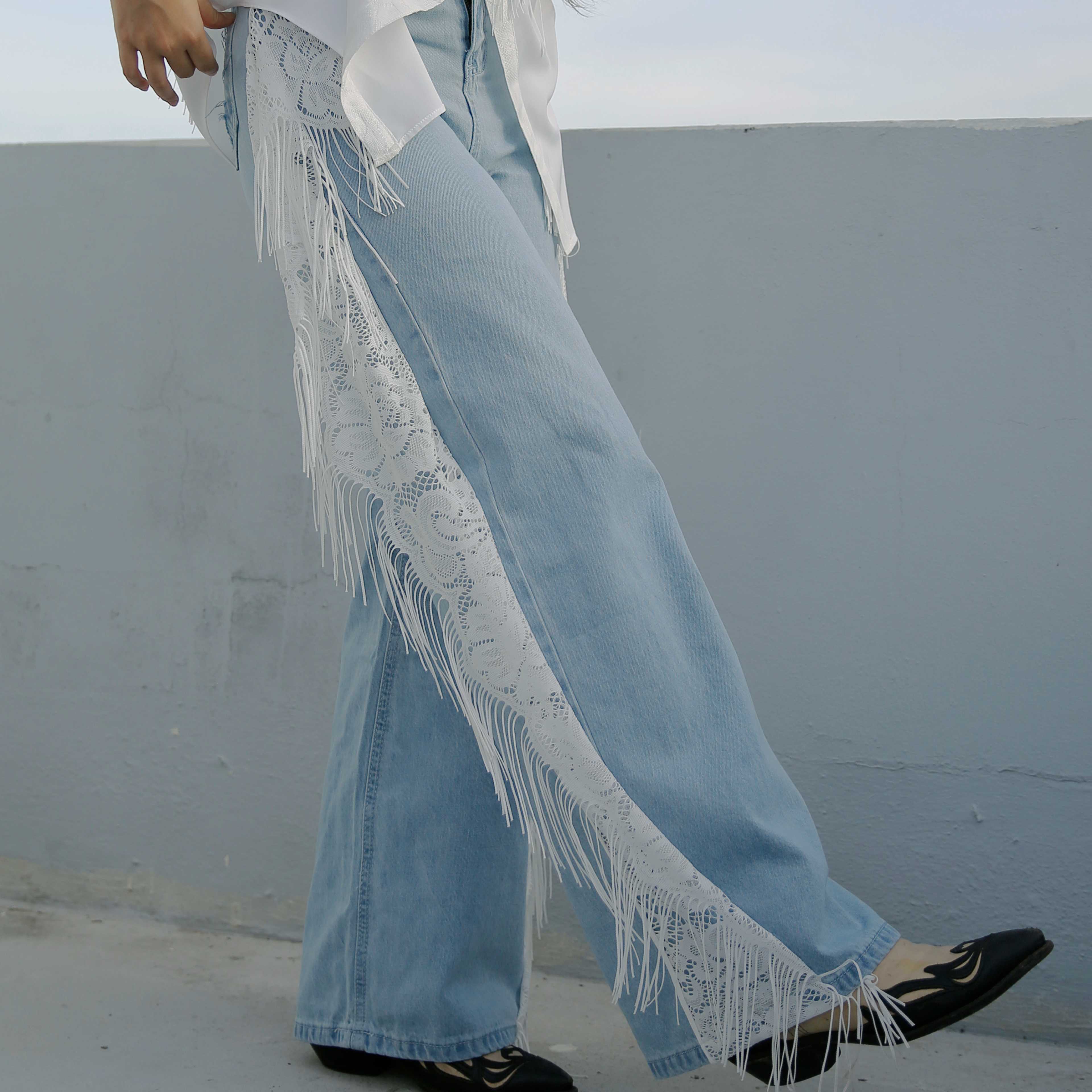 Rotsaniyom Lace & Fringe Detailed Wide-Leg Jeans