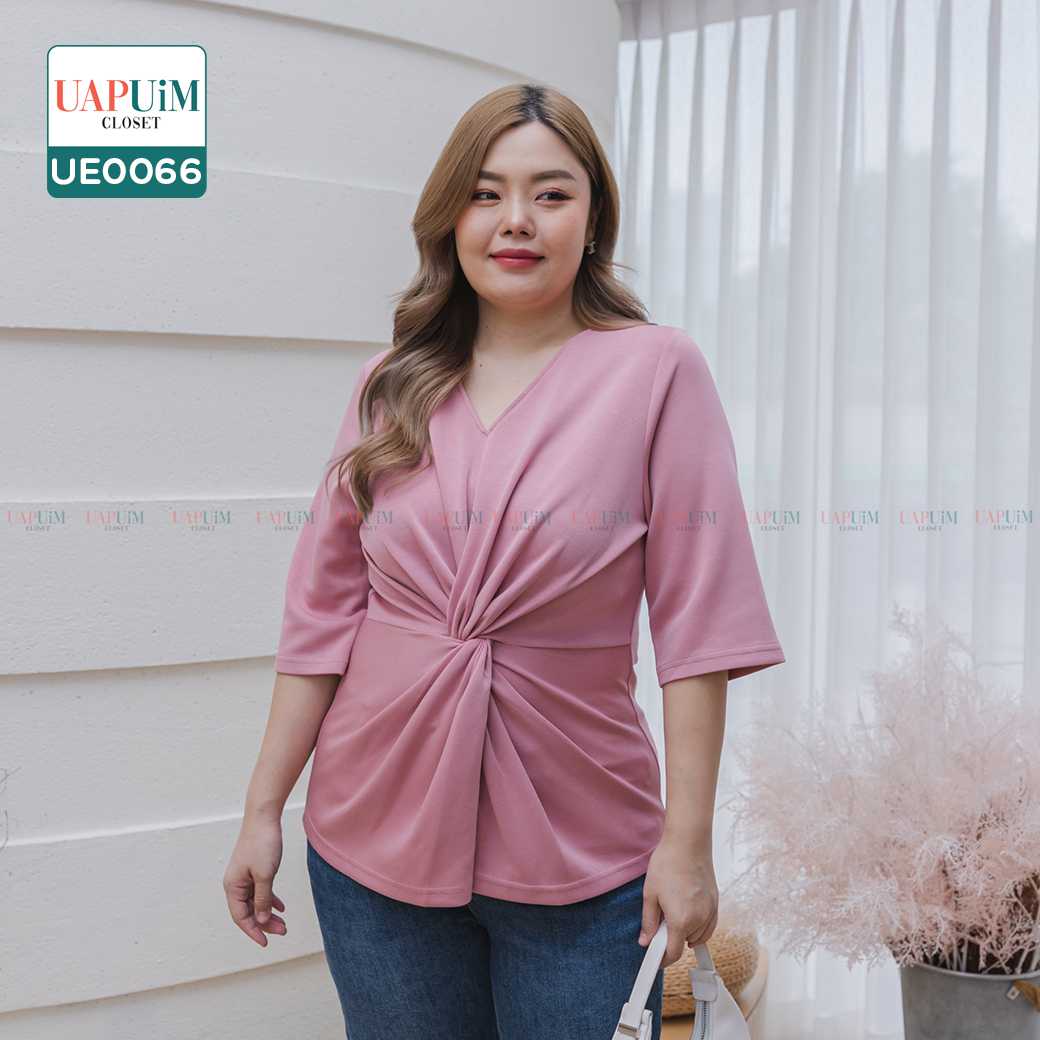 (UE0066) เสื้อคอวี แขนสั้น แต่งลูกเล่นช่วงด้านหน้า เพิ่มความเก๋ไก๋ ใส่แล้วดูดี มีสไตล์